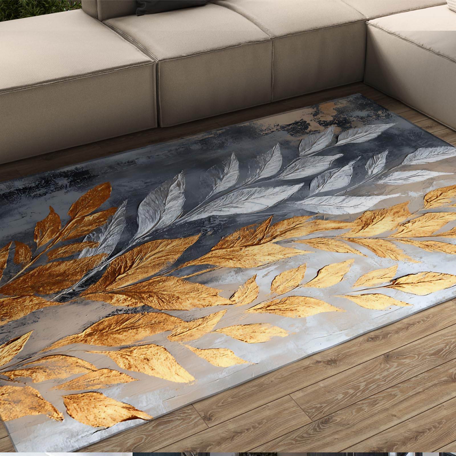 Tapis d'art végétal moderne gris au design de feuilles botaniques haut de gamme