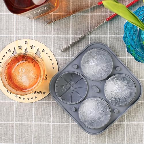 Miniatura 5 de Molde de bola de hielo, bandeja redonda de silicona con forma de baloncesto grande para cubitos de hielo con tapa de embudo para congelador, 4
