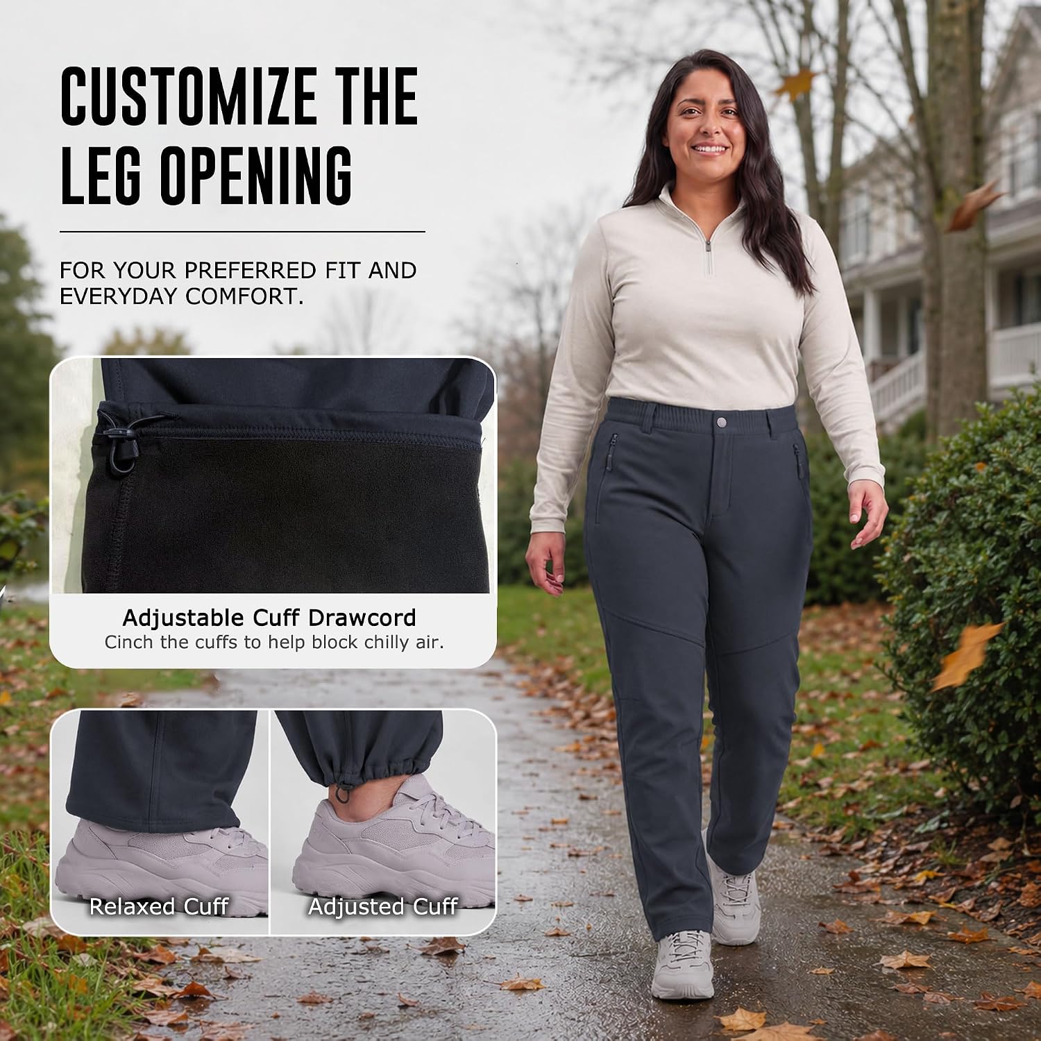 Plus Size Fleece Hiking Pants for Women-Adjustable Mid-Rise Straight Leg