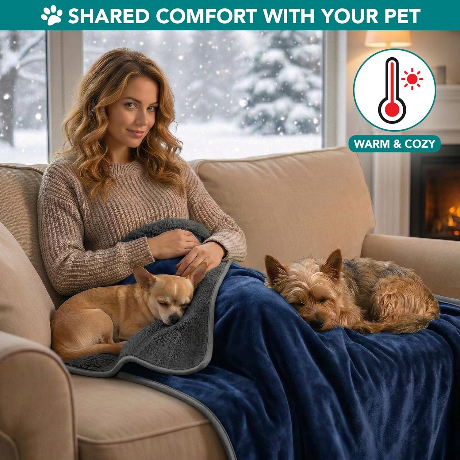PETAMI Sherpa Fleece Waterproof CAT and Dog Blanket, Navy/Gray, Large