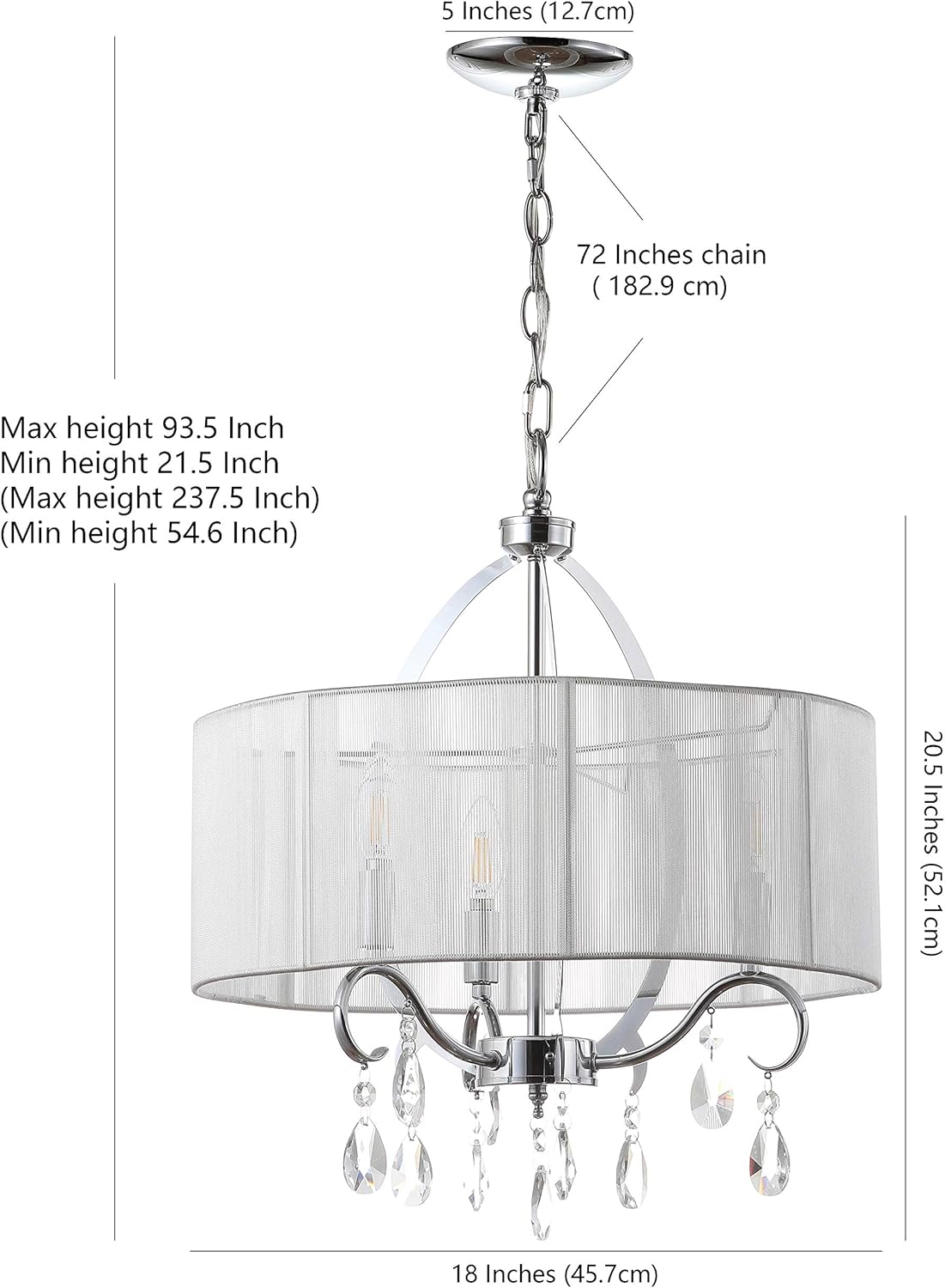 SAFAVIEH Lighting Collection New Vienna Modern Shabby Chic Farmhouse Glam White Shade/ Chrome 18-inch Diameter 3-light Adjustable Hanging Chandelier Light Fixture (LED Bulbs Included)