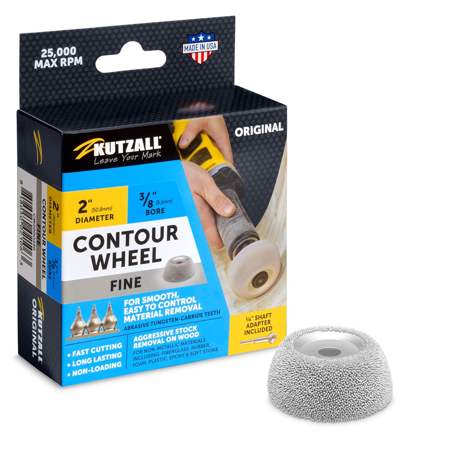 Kutzall Original Contour Wheel, 2" (50.8mm) Dia. X 3⁄8" (9.5mm) Bore, Fine - Wood Carving Die Grinder Accessory for Milwaukee, DeWalt, Bosch. Adapter Included. Abrasive Tungsen Carbide, CW200O230