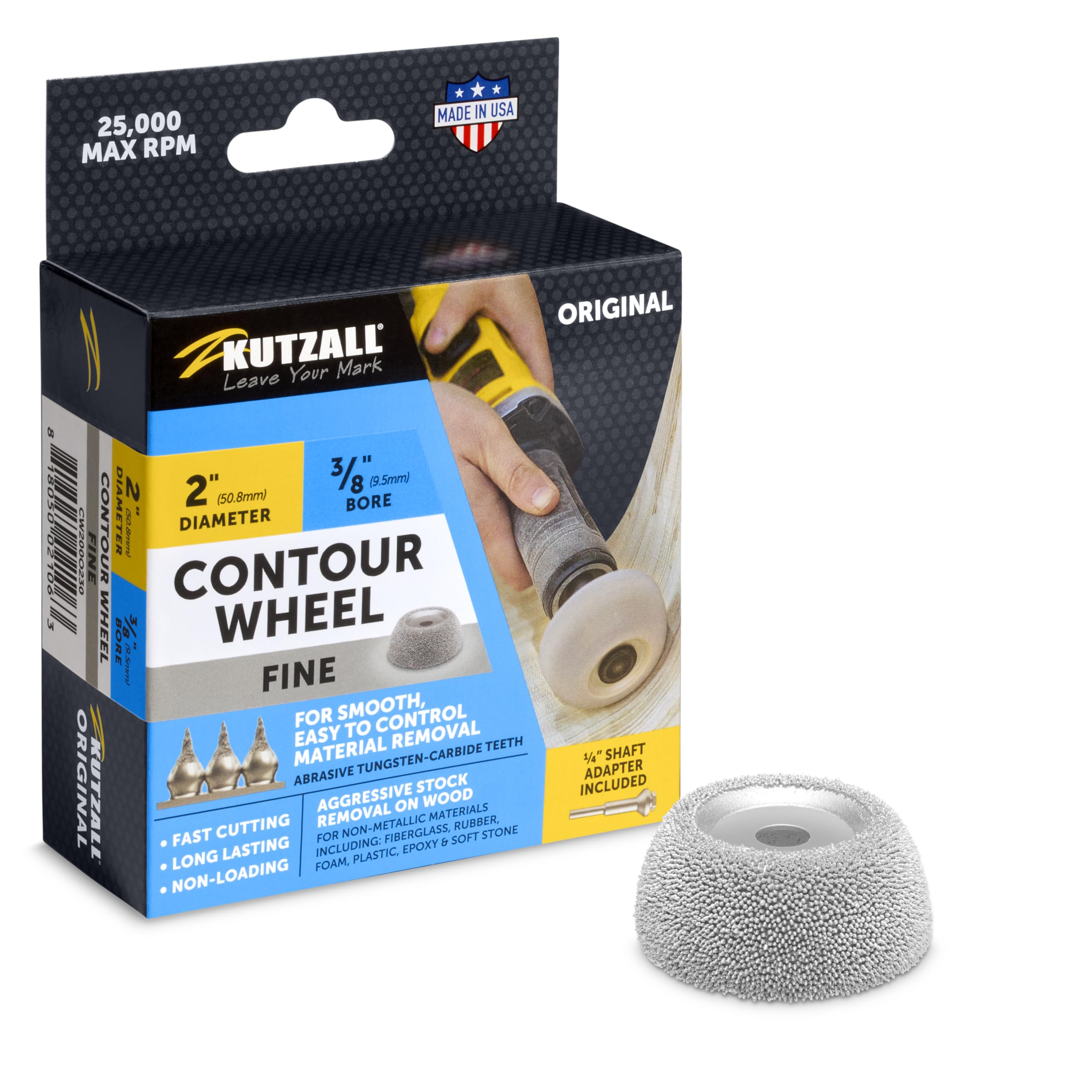 Kutzall Original Contour Wheel, 2" (50.8mm) Dia. X 3⁄8" (9.5mm) Bore, Fine - Wood Carving Die Grinder Accessory for Milwaukee, DeWalt, Bosch. Adapter Included. Abrasive Tungsen Carbide, CW200O230