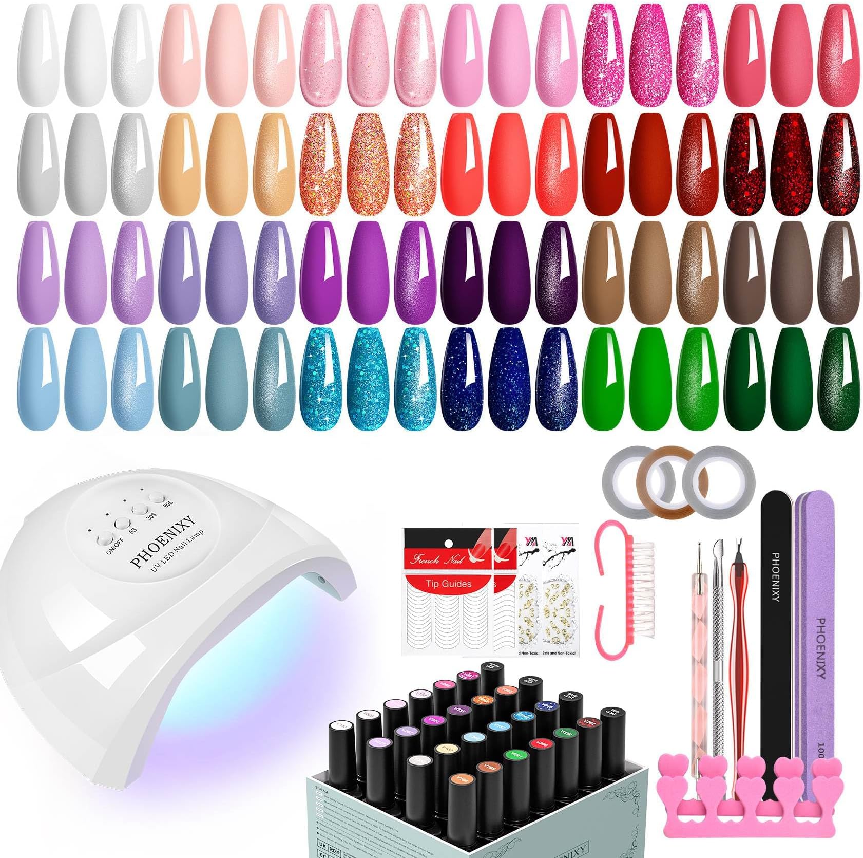 Phoenixy Gel Nail Kit, 24 Colours Gel Nail Polish Set with Base Matte Glitter Top Coat Manicure Tools U V Nail Polish Set with 48W Lamp Starter Kit Nail Art Gifts for Women