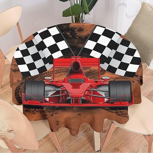 Kazynee Mantel redondo de coche de carreras rojo para adolescentes, 36 pulgadas, tema de coche deportivo, deportes extremos, bandera de cuadros
