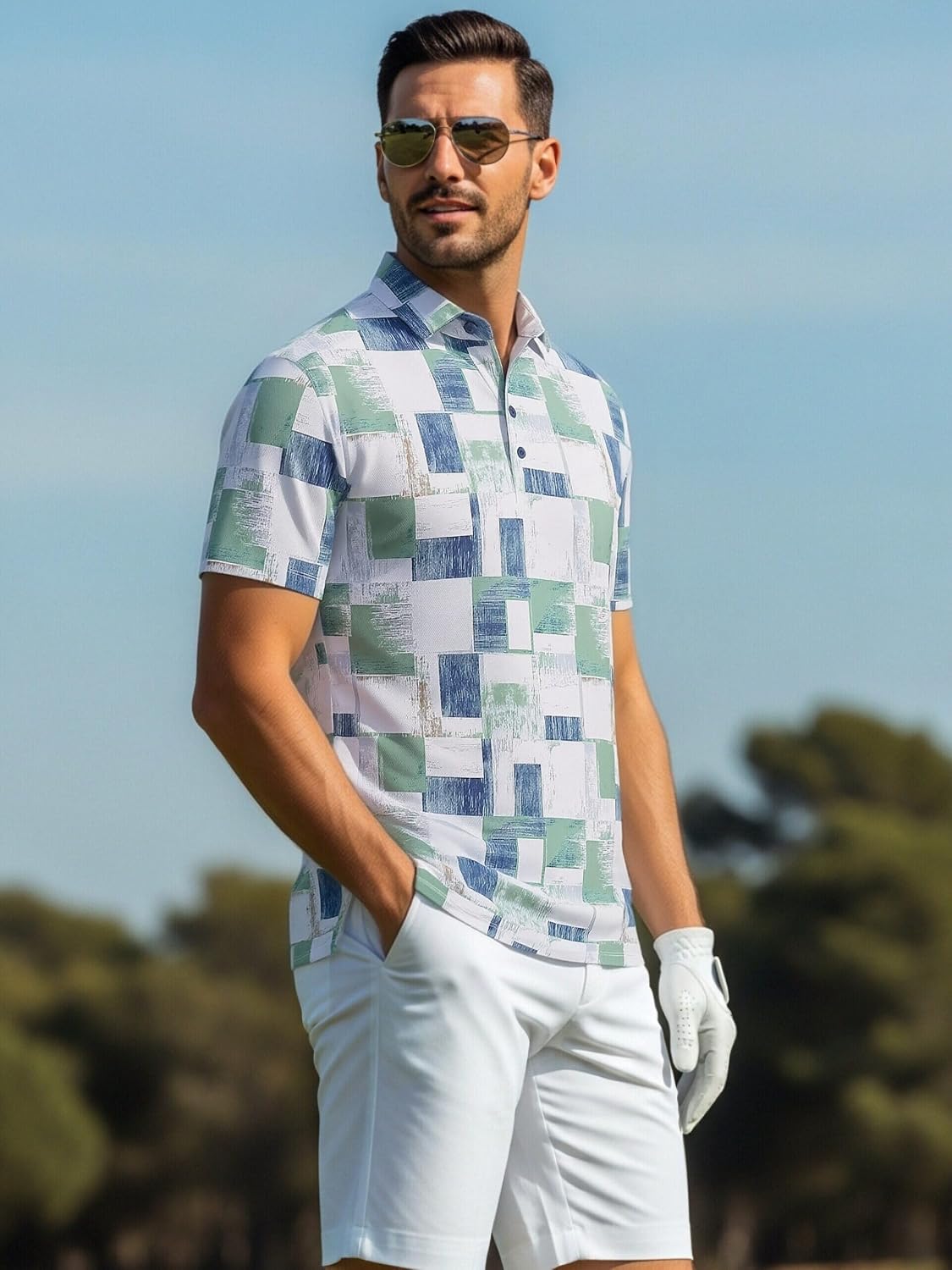Alex Vando Mens Golf Shirts Moisture Wicking Quick-Dry Short Sleeve Casual Print Collared Polo Shirts for Men