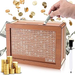 Wooden Money Box Piggy Bank, Countdown Money Saving Box with 2000 Dollars Target, Money Box with Money Target and Numbers to Check for Boys Girls (2000 USD)