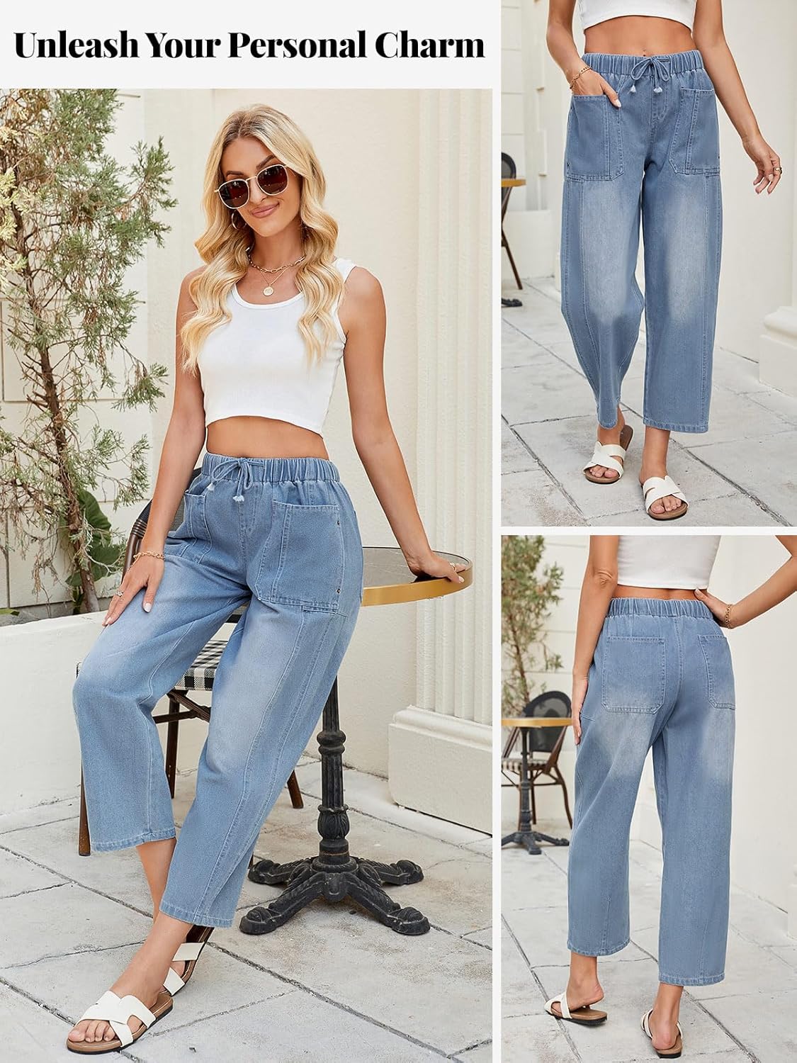 Women's Low Rise Wide Leg Baggy Jeans - Elastic Waist Drawstring Denim Pants, Ankle-Length Barrel Jeans - Image 2