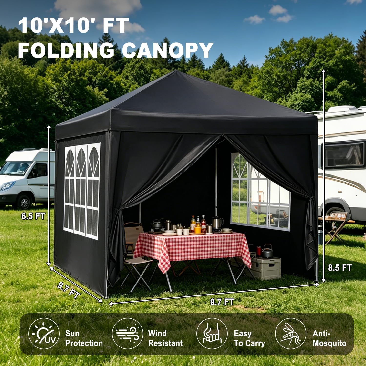 10x10 Pop Up Canopy Tents for Parties, Portable Outdoor Tent with Carry Bag & 4 Sandbags, for Wedding, Patio Events, Commercial, Birthday, Graduation (Black, 10x10)