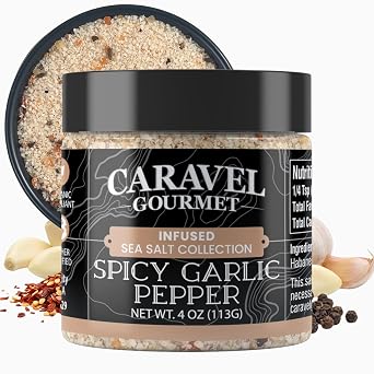 Spicy Garlic Pepper Sea Salt with Bold Heat of Chili Pepper Premium Garlic Salt Seasoning for Cooking, Rubs, Marinades Stackable 4 oz Jar by Caravel Gourmet