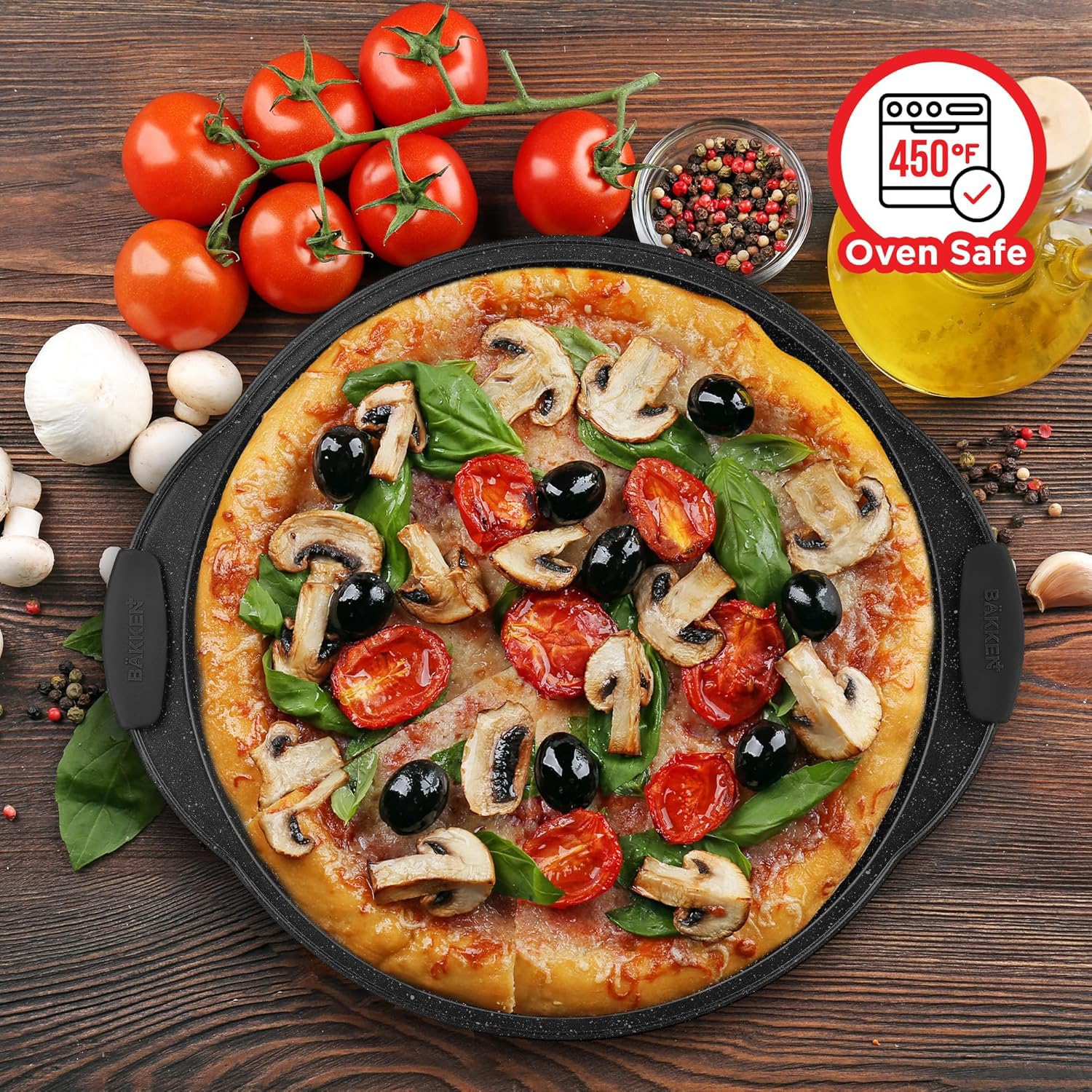 Non-Stick Pizza Pan with Silicone Handle 1 Pack, 13 Inch Round Carbon Steel Tray with Perforated Holes, Dishwasher & Oven Safe Up To 450°F, PFOAPFOSPTFE Free, Durable Nonstick Gray Coating