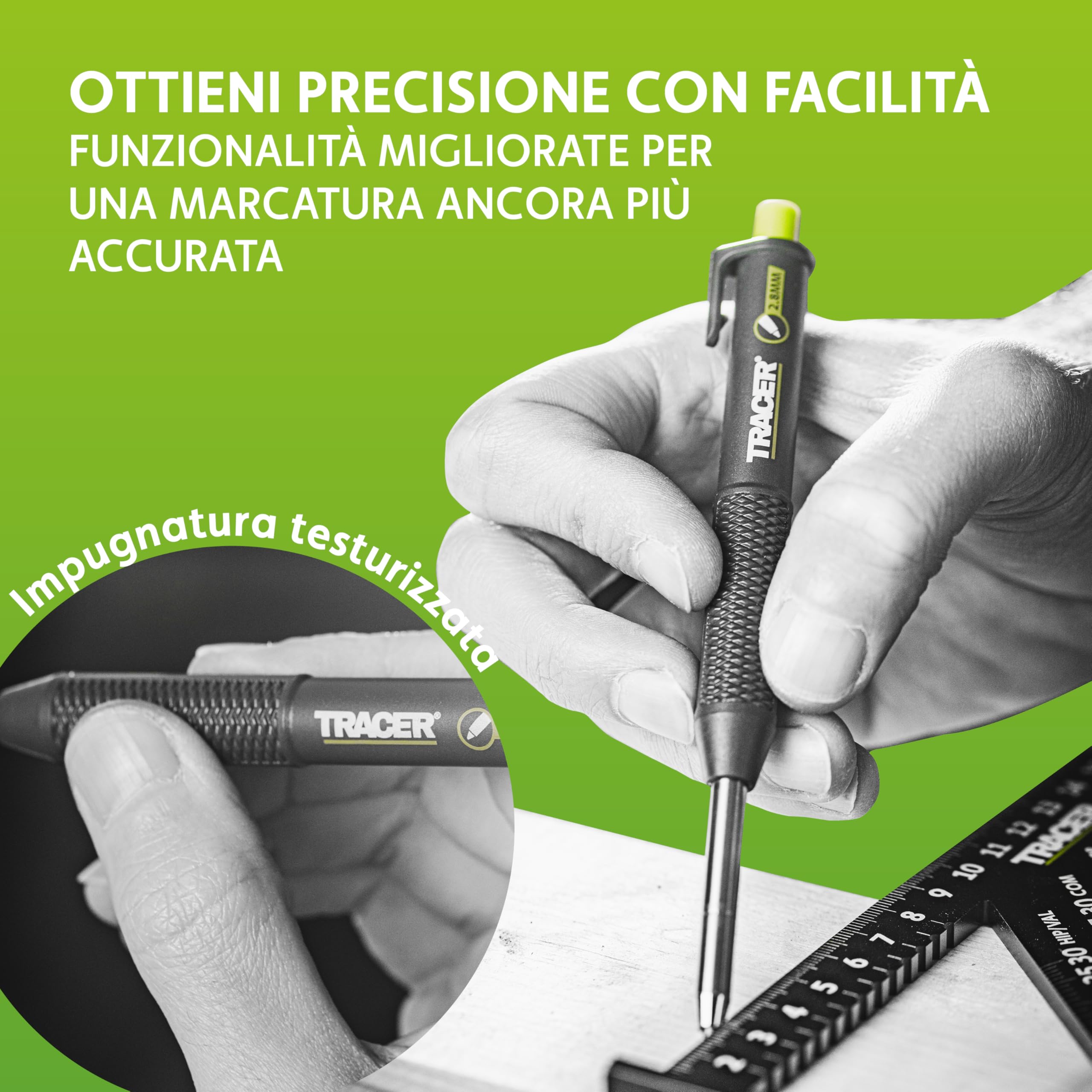 TRACER Pencil 2.0 Matita Carpentiere per Falegnameria – Matita da Cantiere con Holster, Punta 2.8mm per Marcature Profonde in Edilizia