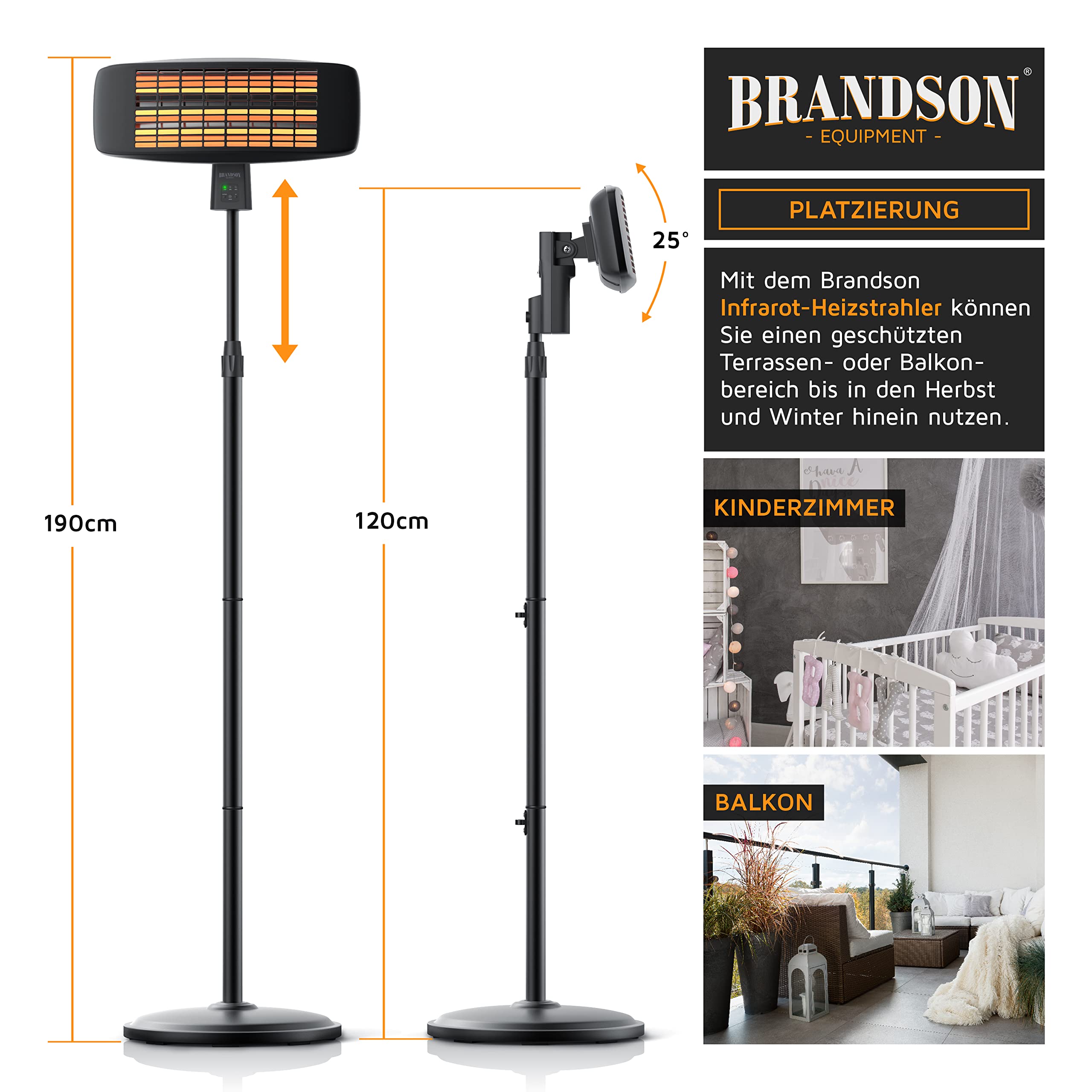 Brandson - Infrarot Heizstrahler mit Fernbedienung - Heizlüfter Terrassenheizstrahler - 3 Leistungsstufen Heizelemente - Inkl. Fernbedienung - LED Power-Indikator - Wandhalterung