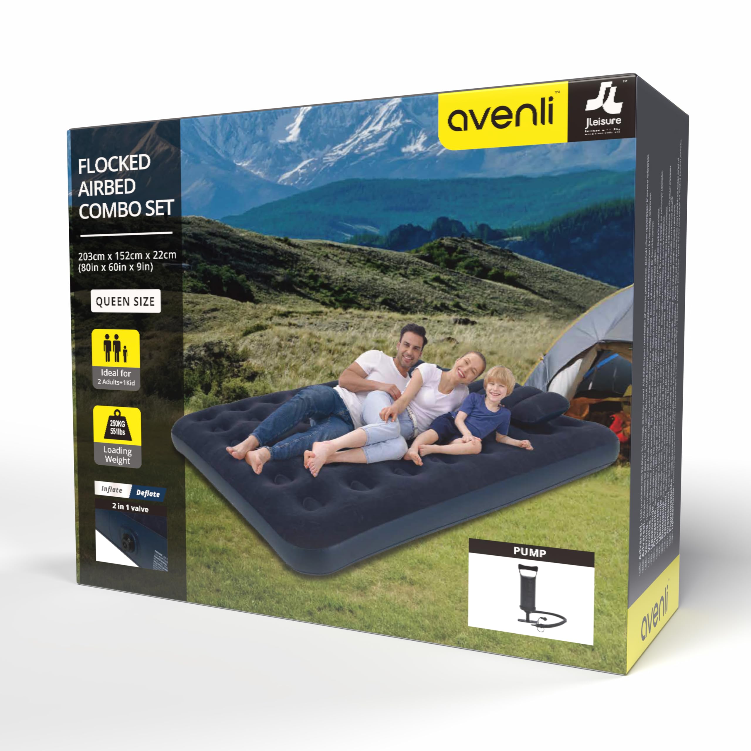 AVENLI Materasso gonfiabile Queen-Size 203x152x22 cm, 2 persone, Coil-Beam, con pompa e 2 cuscini, fino a 300 kg, blu, campeggio letto ospiti outdoor – materasso gonfiabile per 2 persone