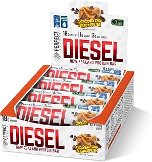PERFECT SPORTS Diesel New Zealand Whey Protein Bars | Stevia Sweetened, No Artificial Flavors | Low Sugar, 18g Protein | 12 Pack (Chocolate Peanut Butter)