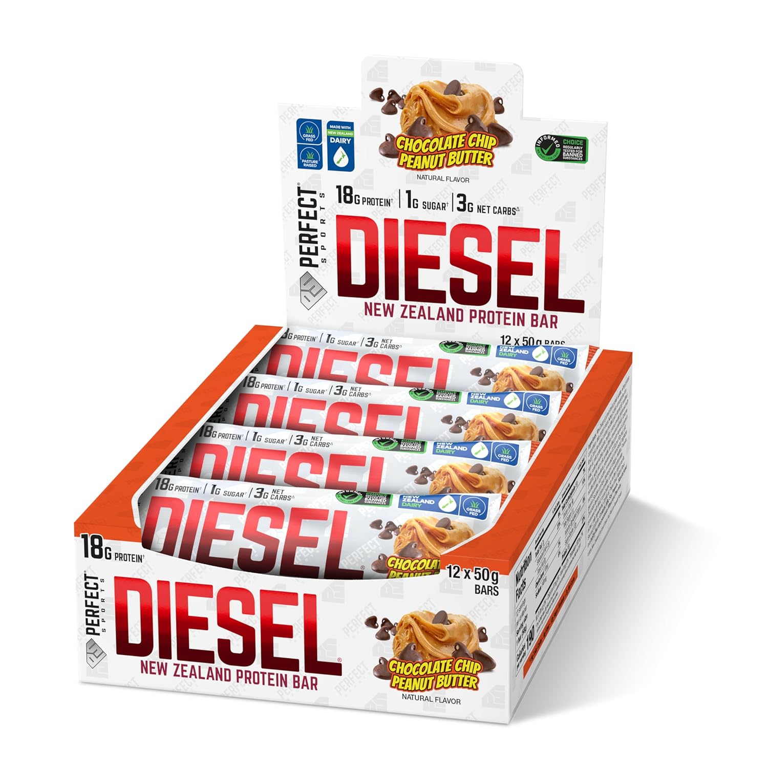 PERFECT SPORTS Diesel New Zealand Whey Protein Bars | Stevia Sweetened, No Artificial Flavors | Low Sugar, 18g Protein | 12 Pack (Chocolate Peanut Butter)