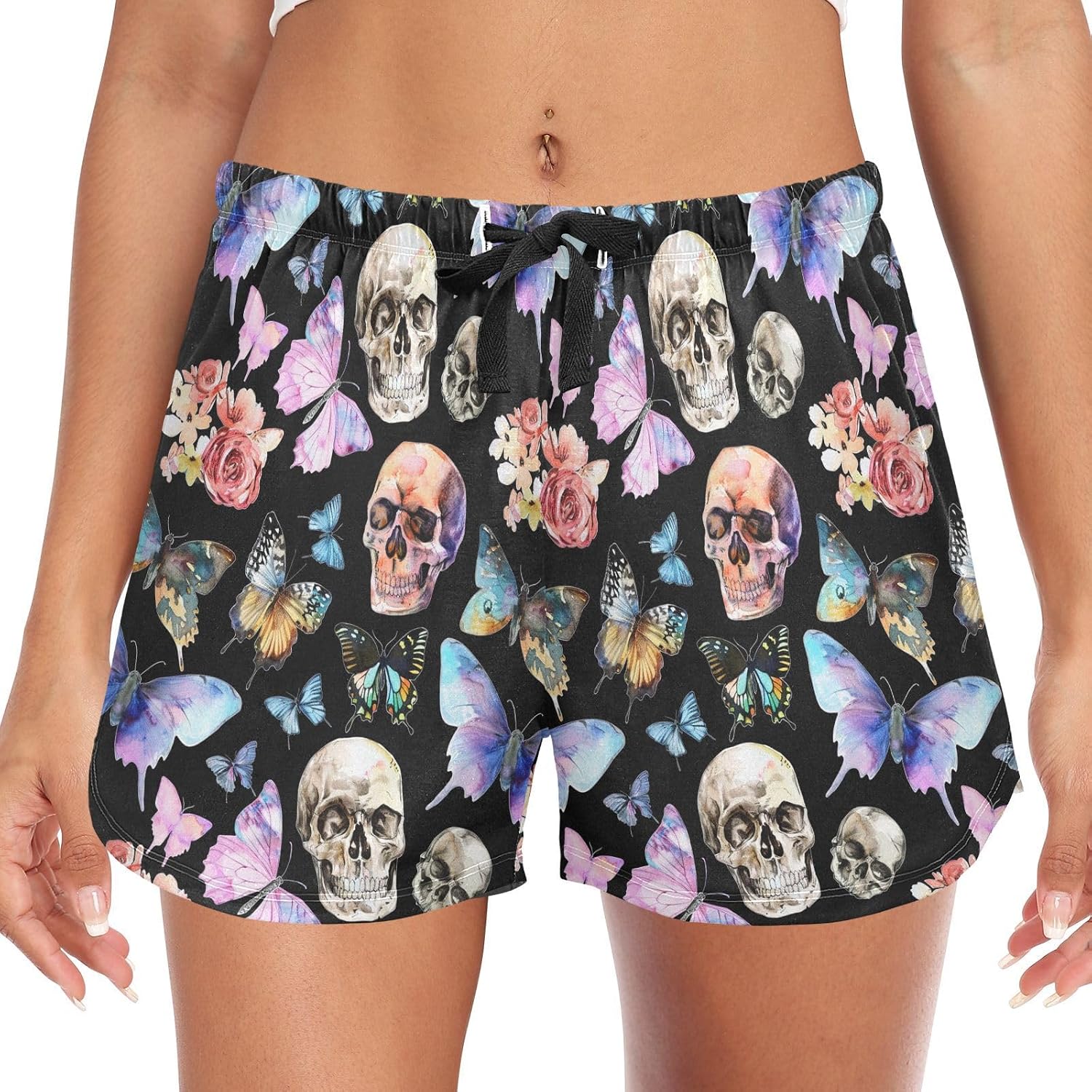 Women's Pajama Shorts Skull Butterfly Gothic Sleepwear Lounge Sleep Bottom with Pockets S-XXL