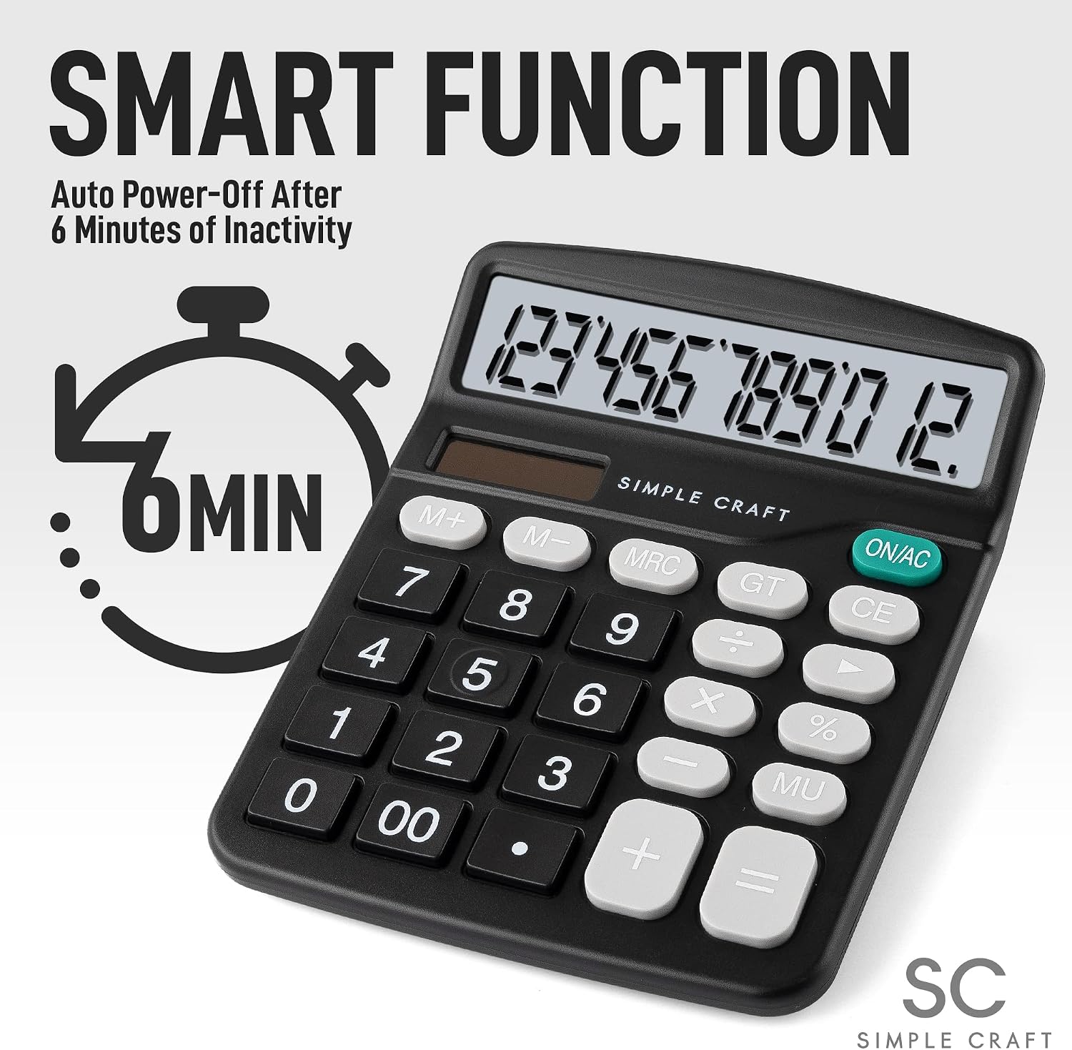 Simple Craft 12-Digit Desk Calculator Large Display 4” LCD Screen - Solar Powered Office Calculators Desktop Tool with Big Sensitive Buttons - Handheld Basic Calculator for Home and Office (Black)