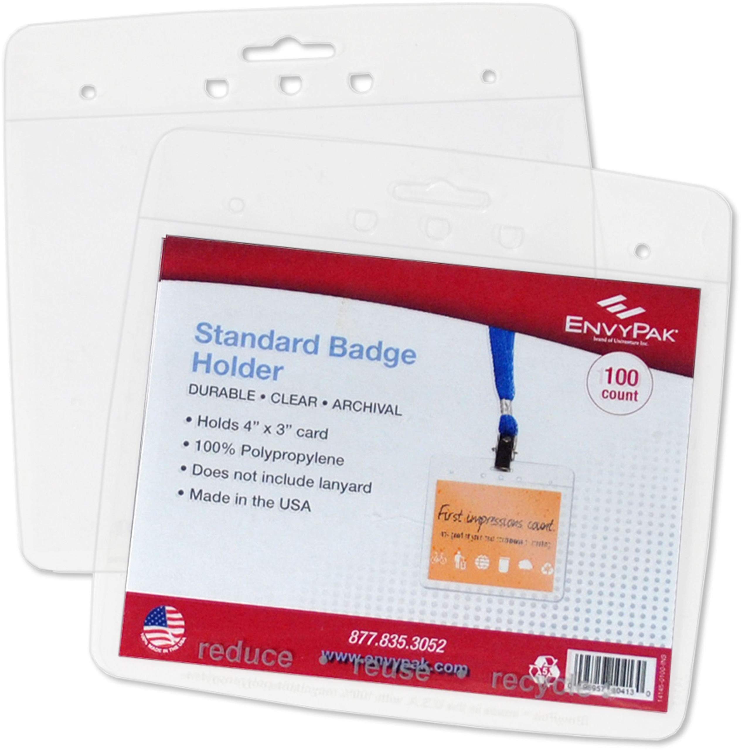 EnvyPak Clear Horizontal Name Badge/ID Holders - Top Loading - 4 x 3 inch - Pack of 100 - Made in The USA