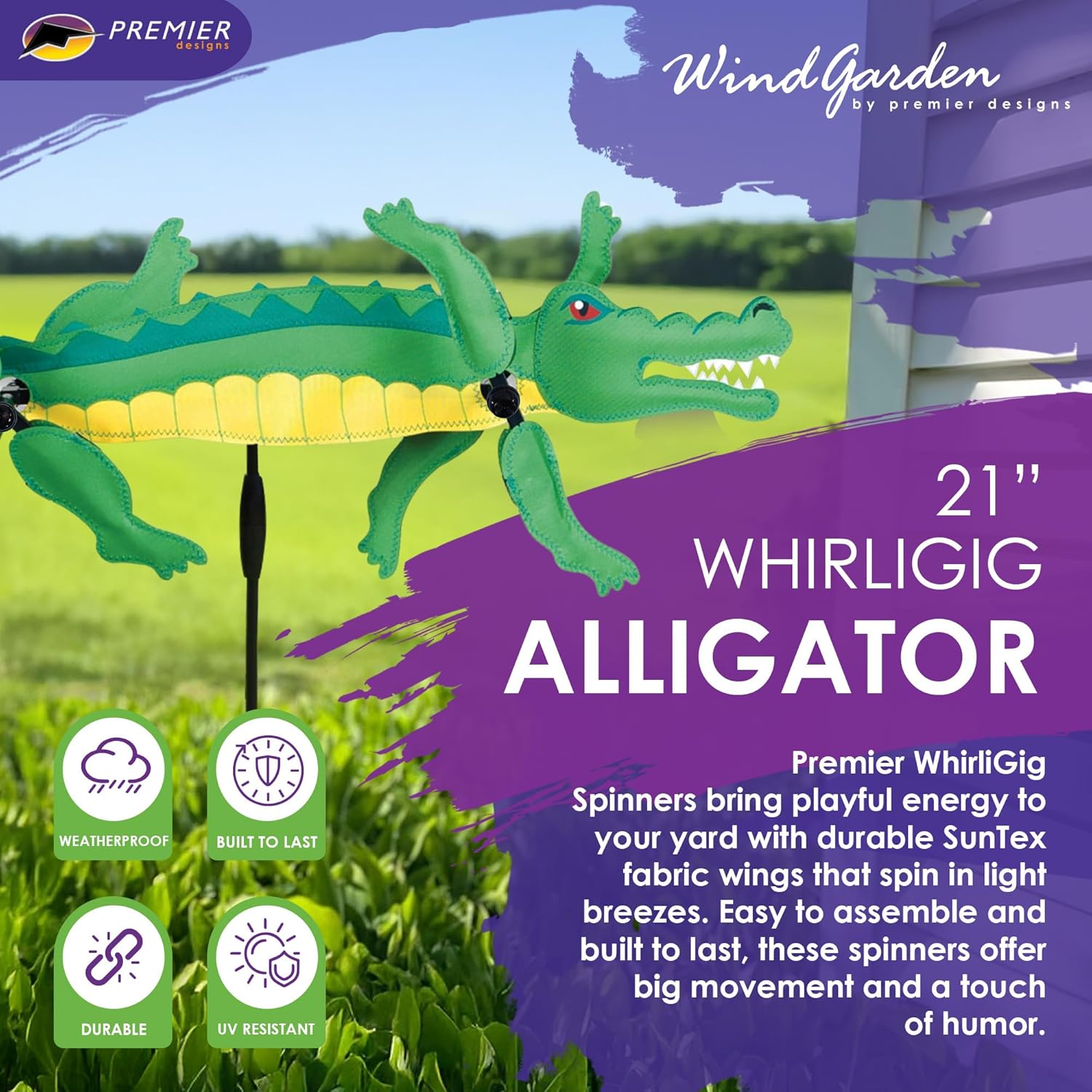 Whirligig Spinner Alligator 21" – Bold Wildlife-Themed Design, Weather-Resistant Outdoor Decor, Durable & Lightweight for Patios, Yards, and Gardens - Eye-Catching Wind Spinner