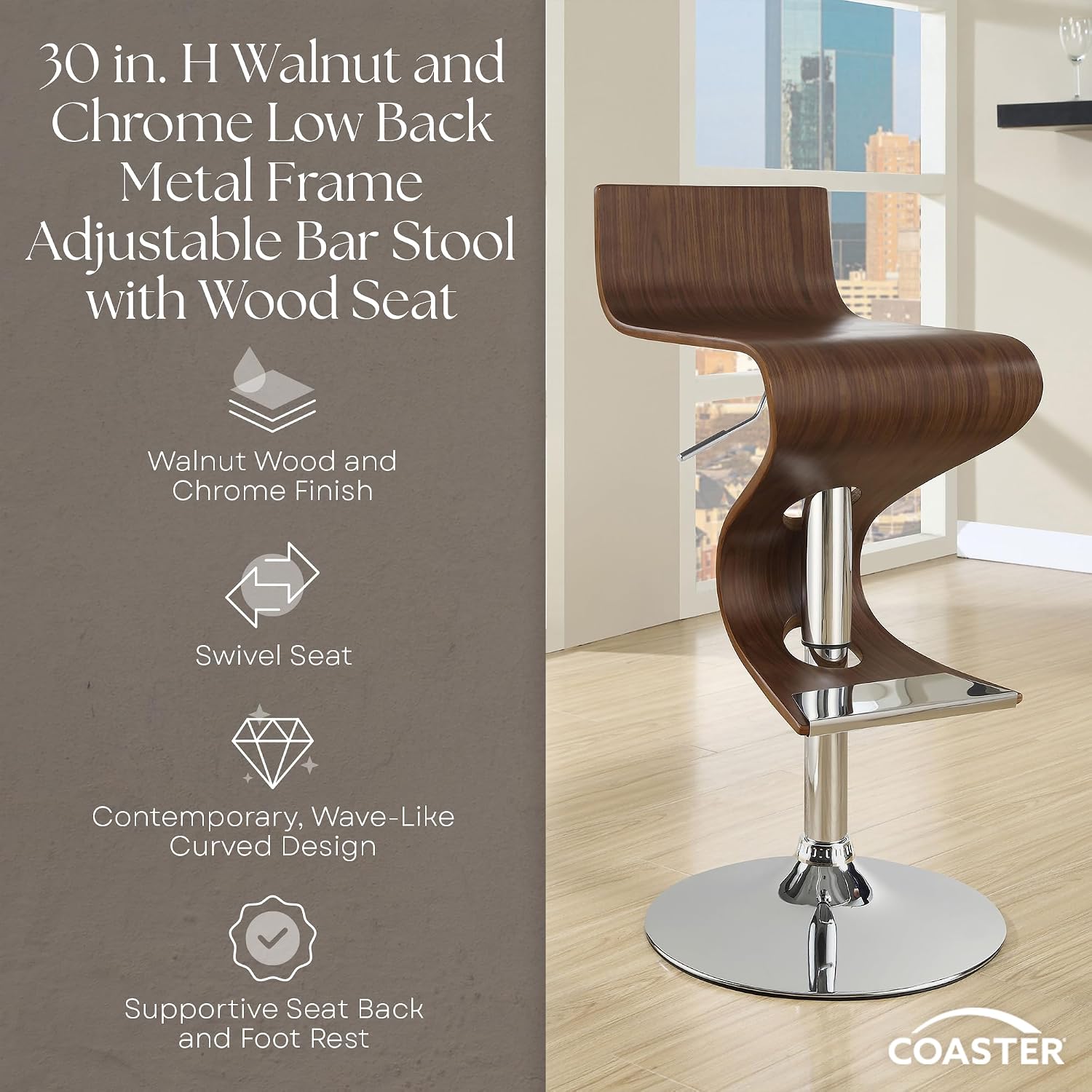 Coaster Home Furnishings - Covina - Metal & Wood - Adjustable Bar Stool with Wood Seat and Chrome Base - Mid-Century Modern - Dining Room & Wine Bar - Walnut - 100396