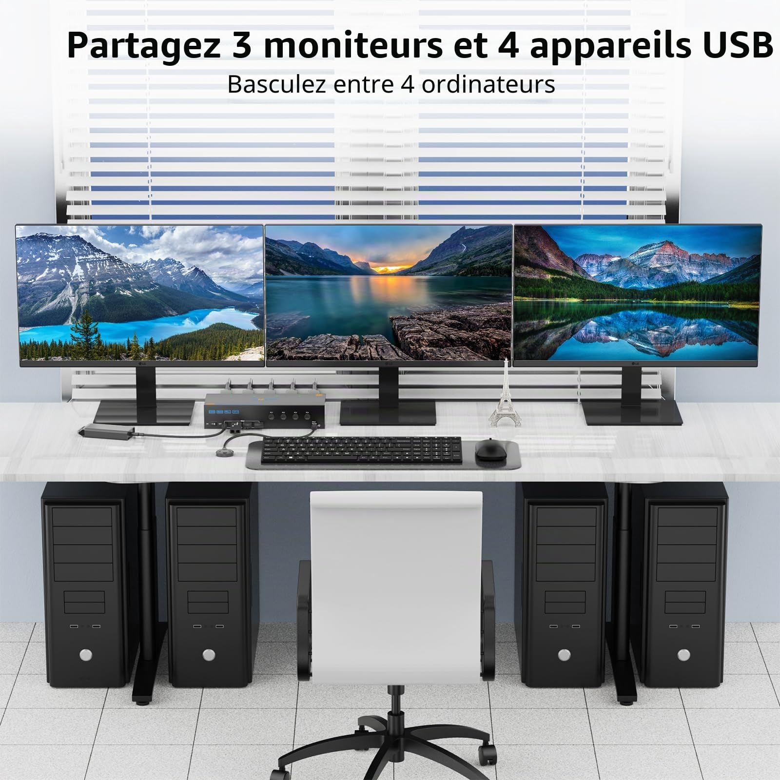 KVM Switch 4 PC 3 Moniteurs 4K@60Hz, Simulation EDID,USB 3.0 HDMI Displayport KVM Switch Triple Monitor pour 4 PC Partager 3 Moniteurs et Souris Clavier,avec Télécommande Ccâblée et 4 Câbles USB