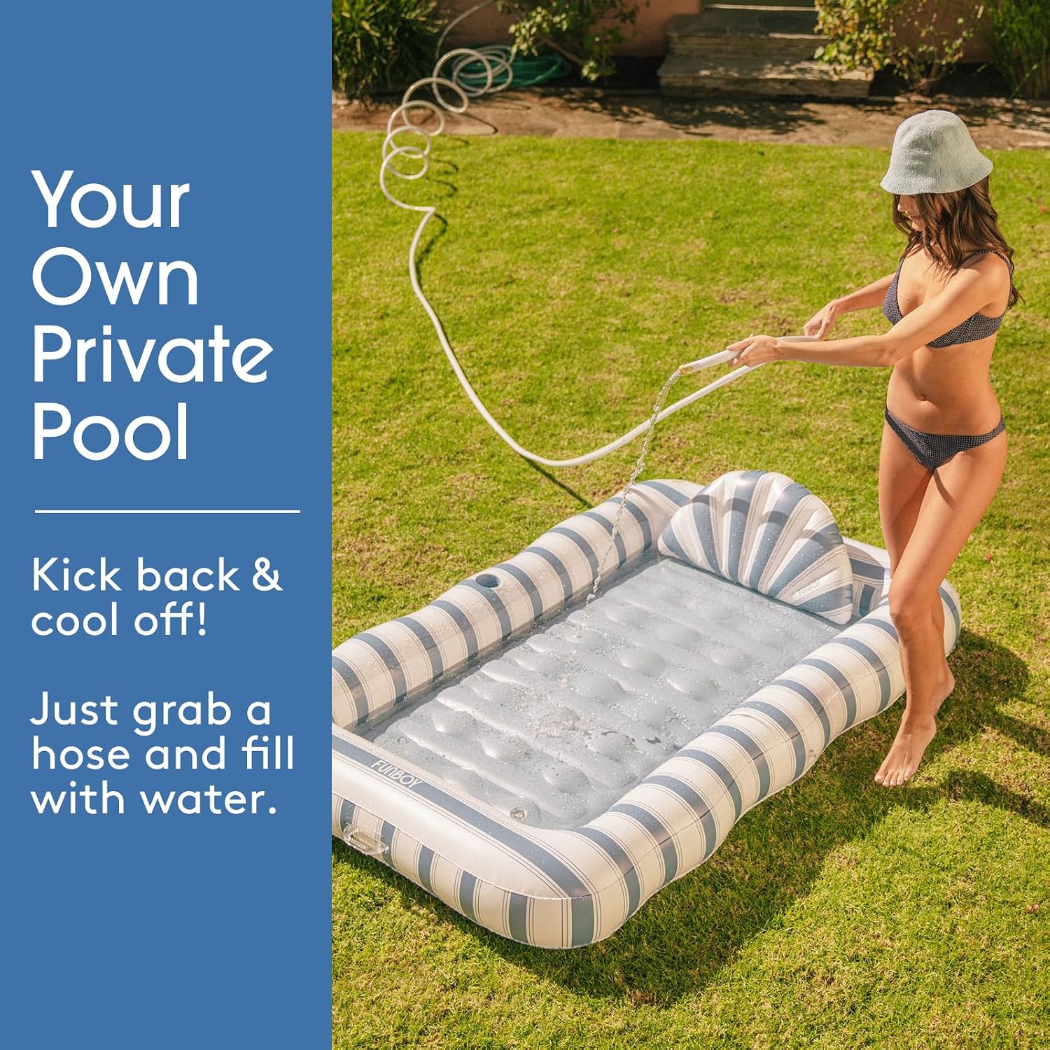 FUNBOY Tanning Pool Lounger Float Denim Blue, XL 72'' x 48'' Pool Float with Custom Pillow and Large Cup Holder, Perfect for Pool or Backyard.