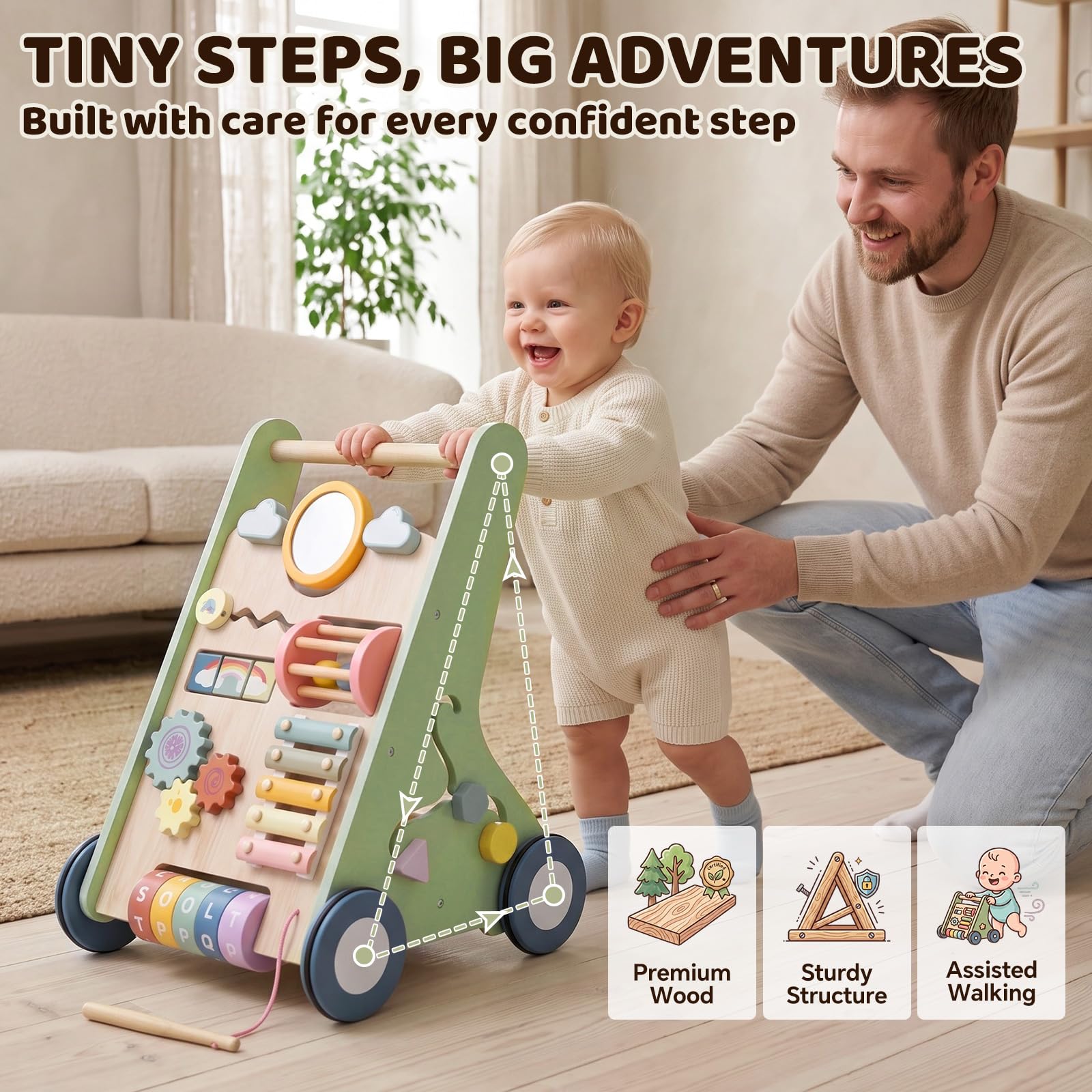 Green Montessori Walker z drewna, zabawka Baby Walker z regulowaną prędkością