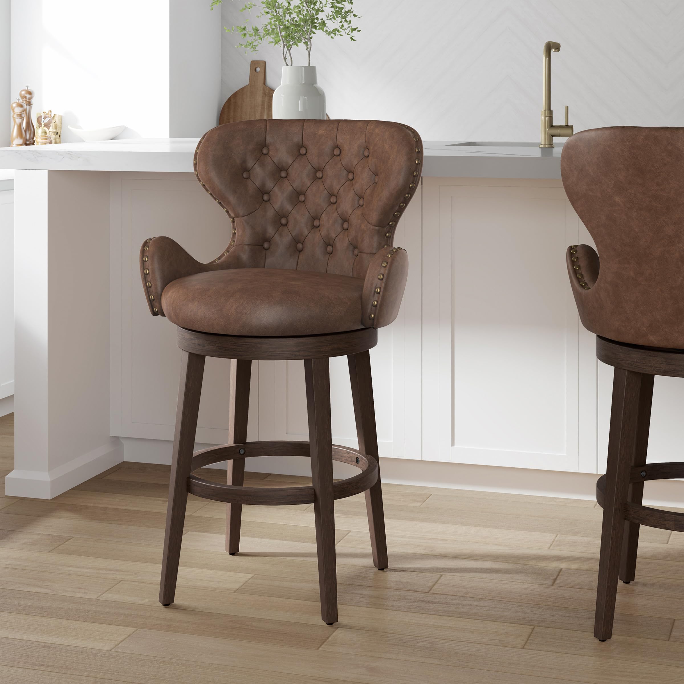 Condition photo showing New/Like New for pair of hillsdale mid-city upholstered wood swivel bar height stool, chocolate