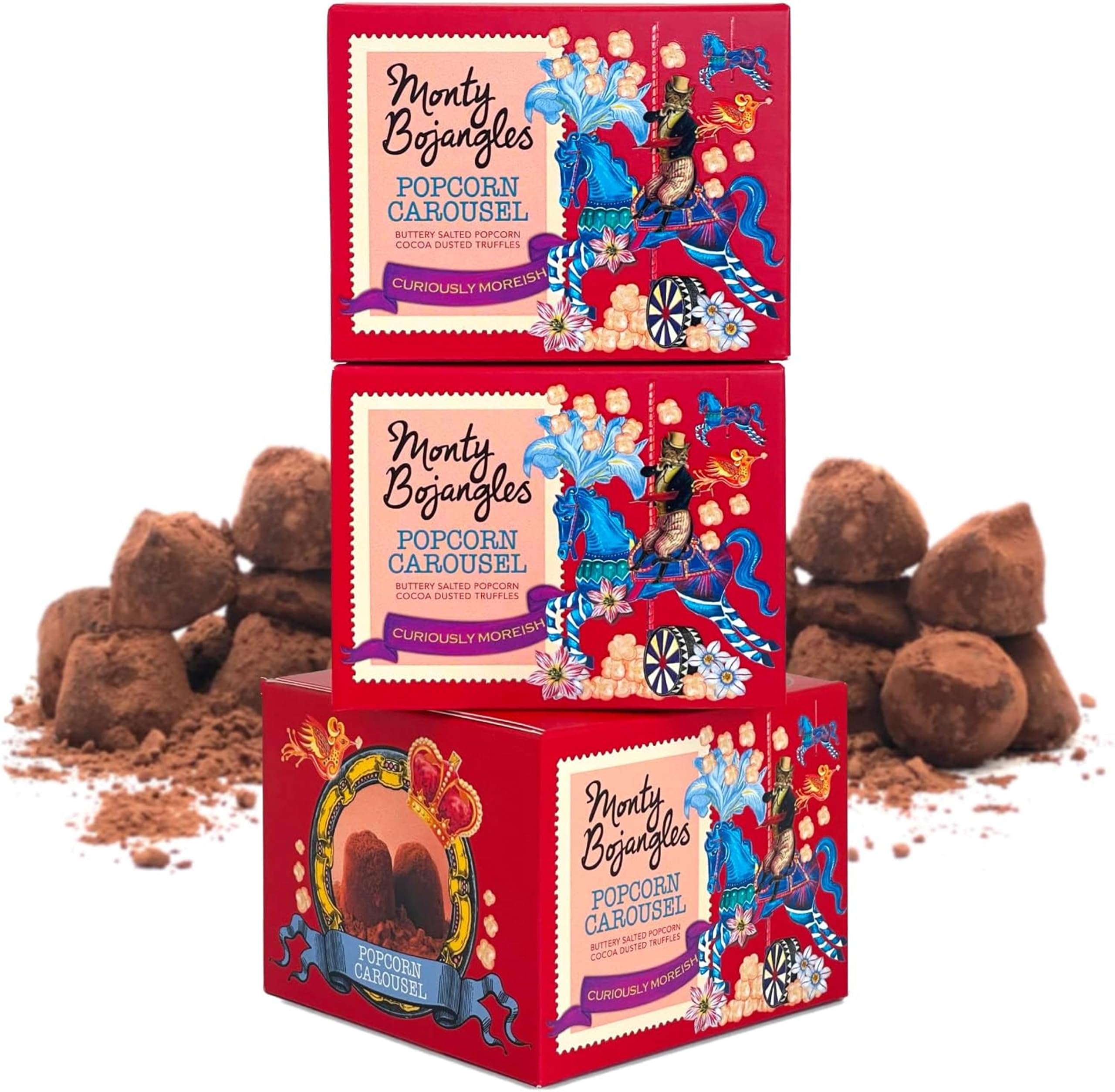 Monty Bojangles Popcorn Carousel Cocoa Dusted Chocolate Truffles (3 x 100g Gift Box) – Buttery Salted Popcorn Flavour, Award-Winning Luxury Chocolate Gift Set