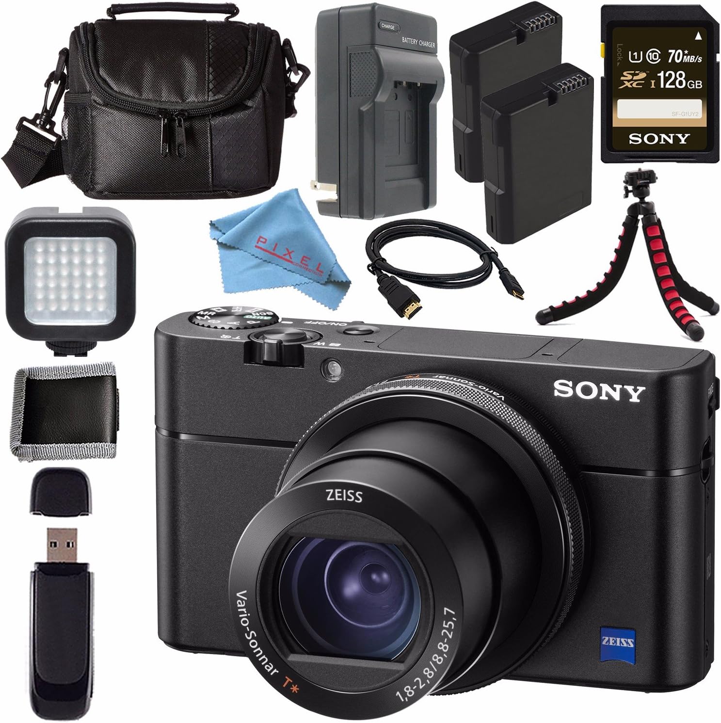 Sony Cyber-Shot DSC-RX100 V DSCRX100 Mark 5 Digital Camera + Rechargable Li-Ion Battery + Charger + Sony 128GB SDXC Card + Case + Tripod + HDMI Cable + Memory Card Wallet + Fibercloth Bundle