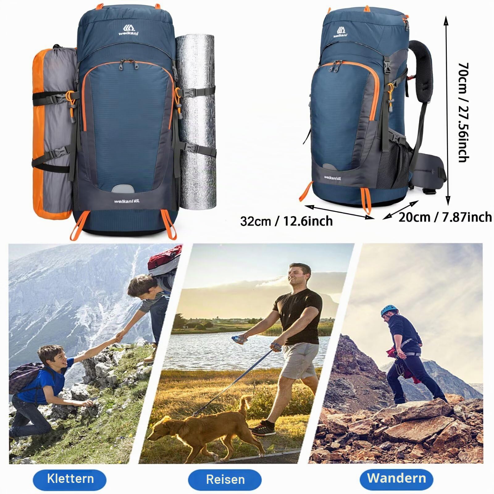 65L Wanderrucksack mit Regenschutz, leicht, Camping, Tagesrucksack, großer Trekkingrucksack für Damen und Herren, wasserdichter Rucksack für Outdoor, Reisen, Wandern, Trekking, Camping, Sport