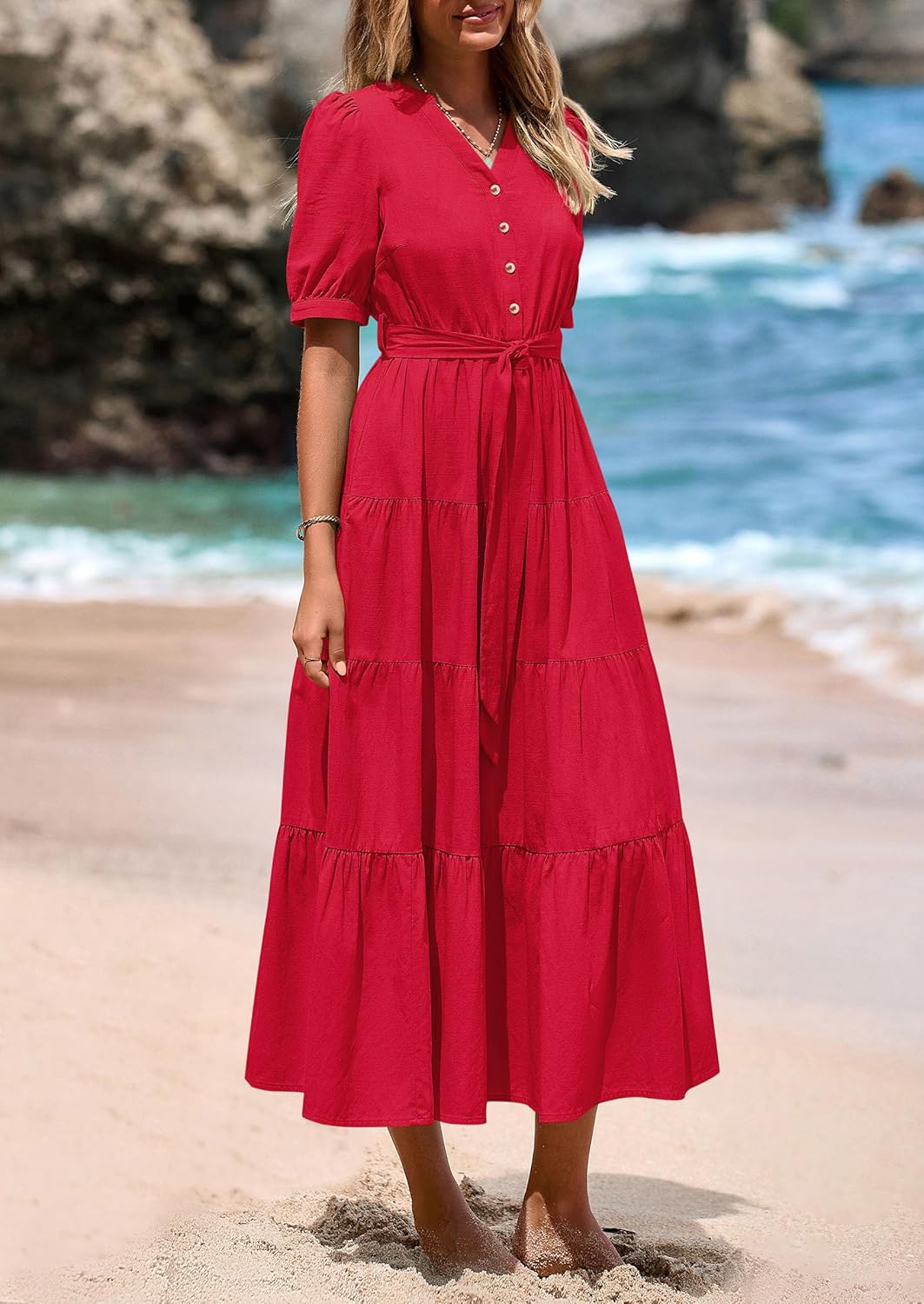 PRETTYGARDEN Summer Dresses for Women 2026 Elegant Classy Short Sleeve V Neck Ruffle A Line Belted Long Beach Vacation Dress - Image 7