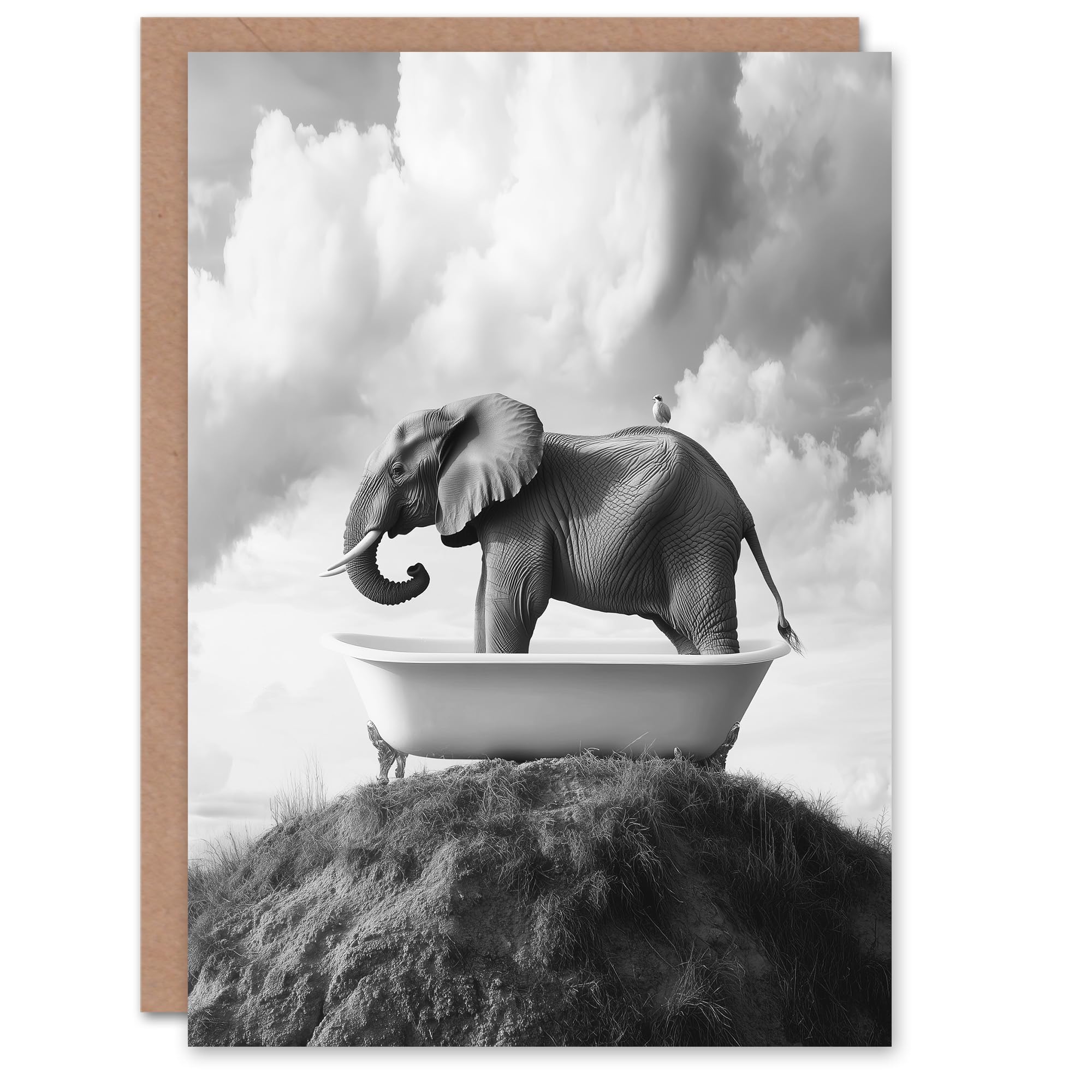 Artery8 Greeting Card Elephant in Bathtub on a Hill Black White Surreal Blank For Him Or Her Art Birthday Card