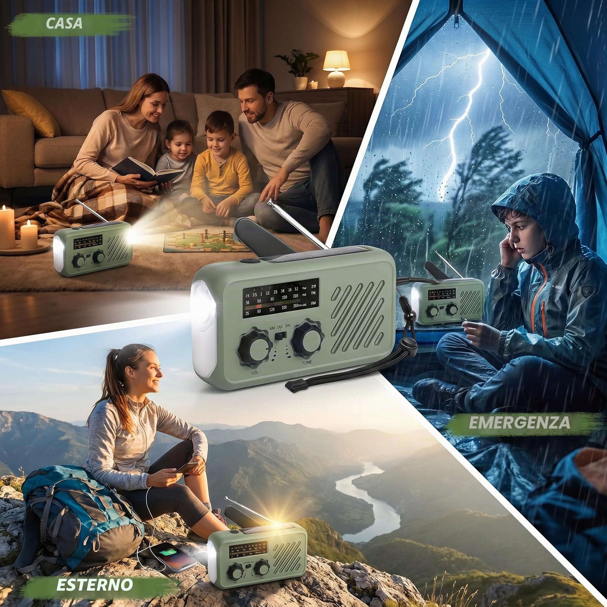 Radio Emergenza a Manovella con Solare & Power Bank 2000mAh, Radio AM/FM con Allarme SOS e Luce Lettura, Radio Dinamo per Blackout Campeggio Auto