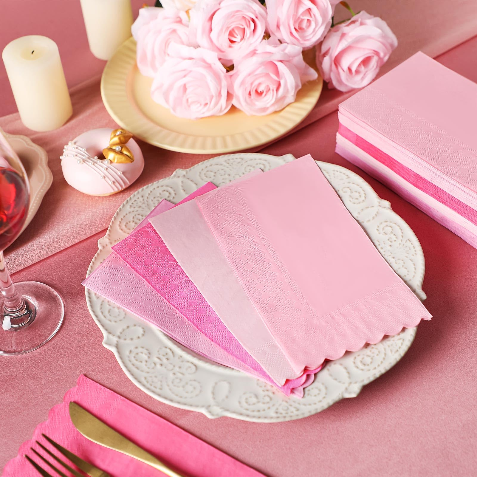 Cholemy 200 Pcs Scalloped Guest Napkins Pastel Colors Cocktail Napkin Disposable Hand Towels for Bathroom Guests Towel 2 Ply Paper Napkin for Baby Shower Bathroom Wedding Birthday Bridal (Pink)