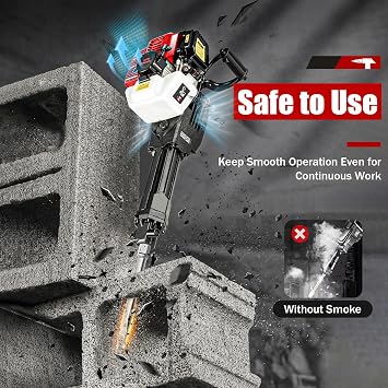 52CC 2-Stroke Jack Hammer, Gas Powered Demolition Concrete Breaker Punch Drill, Heavy Duty Concrete Breaker with Low Noise & High Impact for Chipping, Rock Breaking, Wall Drilling