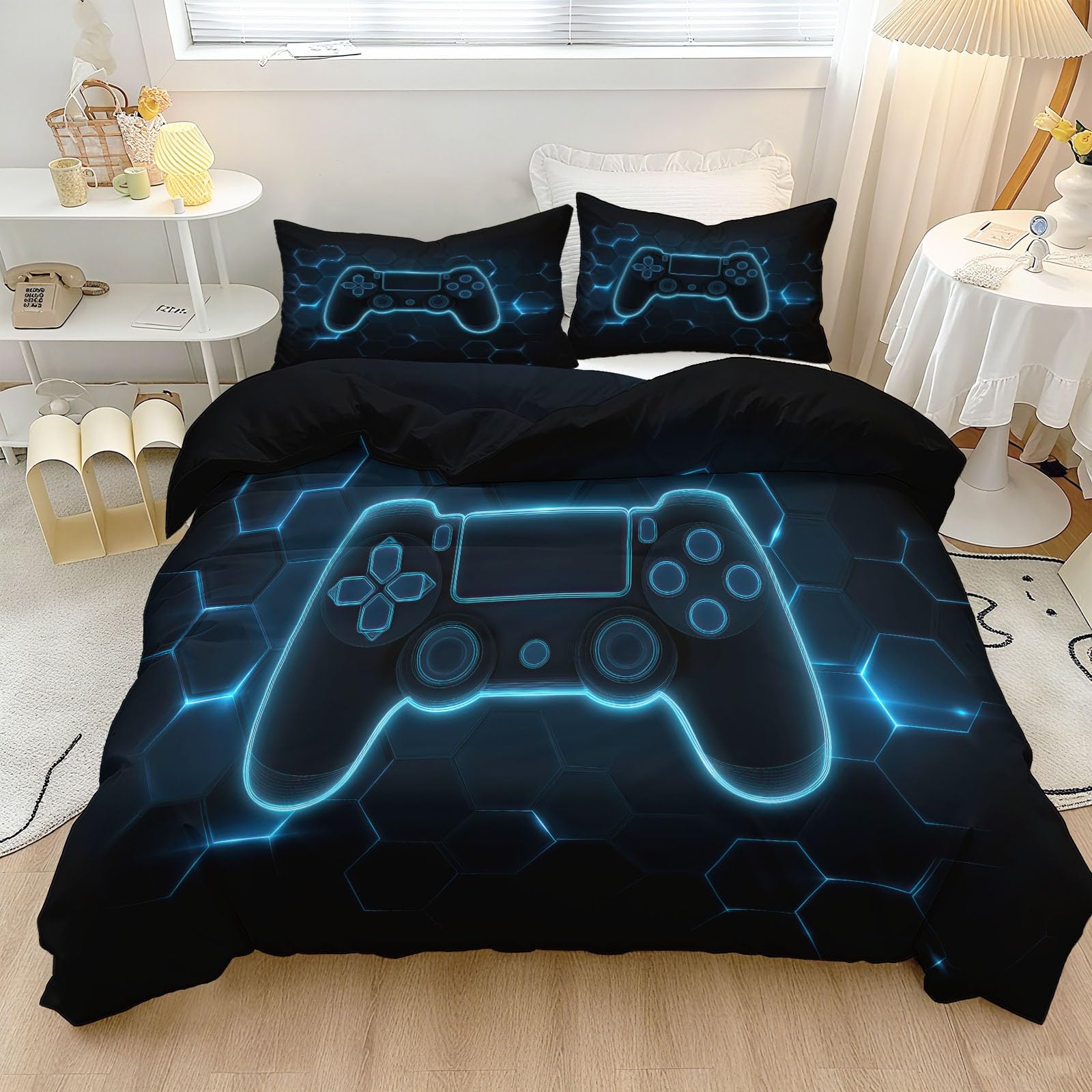 Parure de lit 220x240 bleu noir housse de couette gaming ado