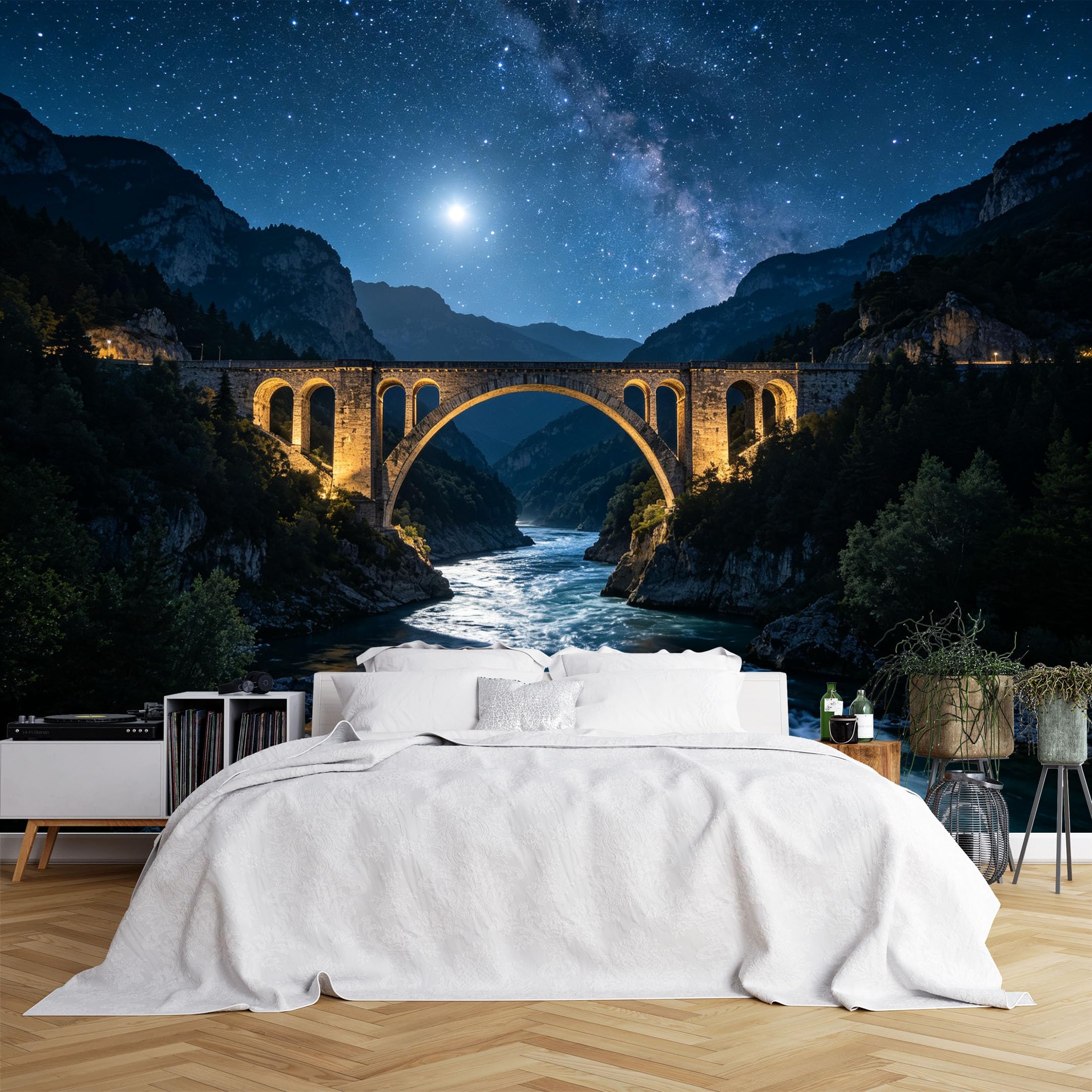 Lcythiazole Ch260615138 Custom Size Wall Murals Stone Arch Bridge River Milky Way Night View Wall Murals Vivid Scenery Wallpaper Wall Covering Fabric Self-Adhesive Removable Wallpaper For Hallway