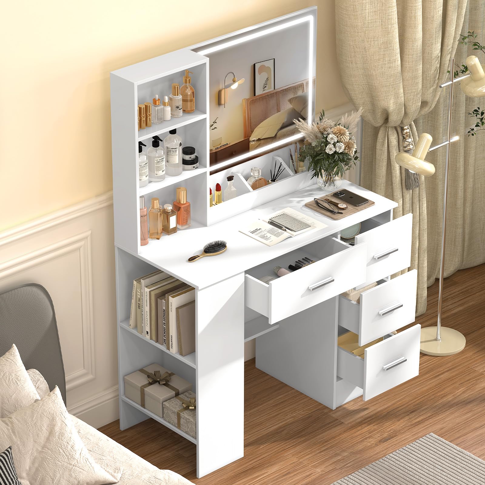 White Dressing Table with LED Mirror 3-Color Lights & Side Cabinet, 2-in-1 Makeup Vanity Desk and Nightstand with 4 Drawers & 6 Storage Shelves, Girls Vanity Table Bedroom Dresser, Large 90cm