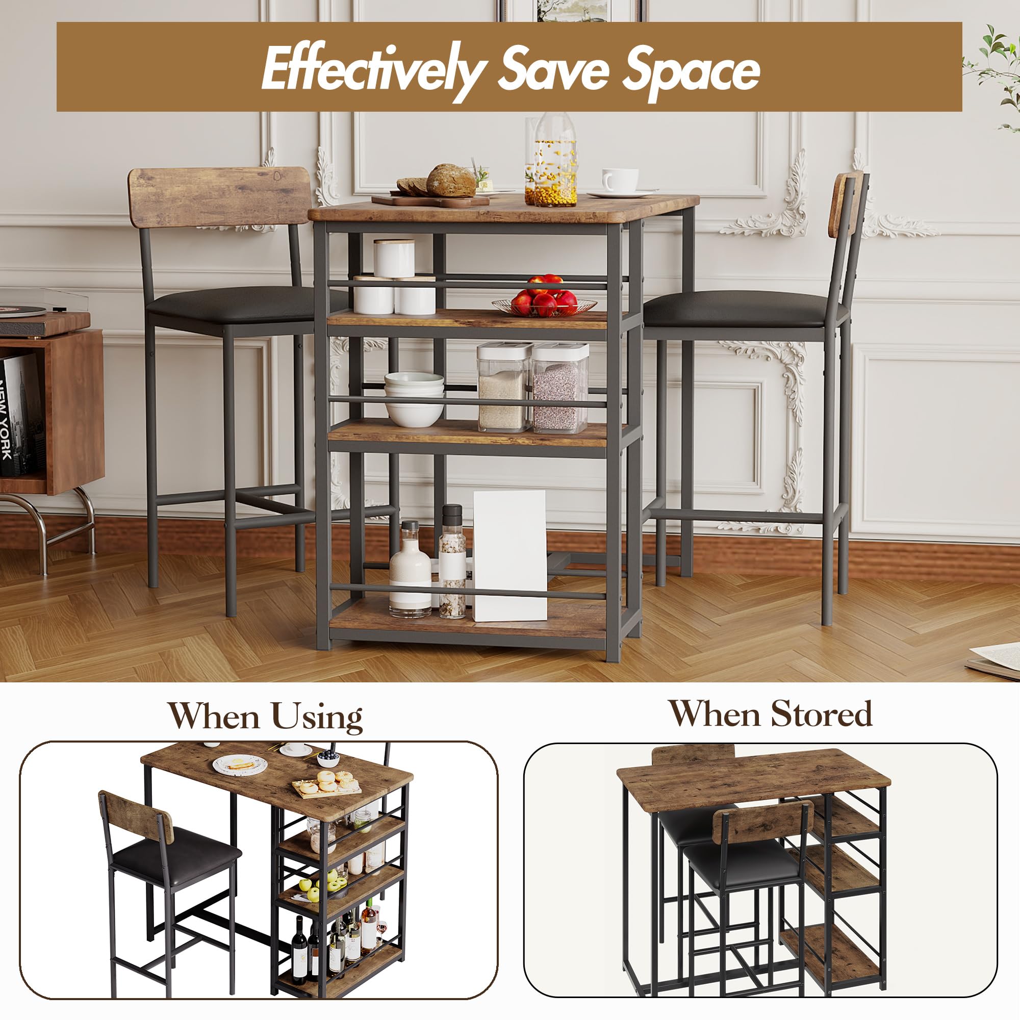 Table de bar avec tabourets rembourré pour 2 Personnes,Table mange debout avec tabourets,3 étagère De Rangement,Ensemble Table haute cuisine pour Petit Espace,Appartement,Ilot central cuisine(Brun)