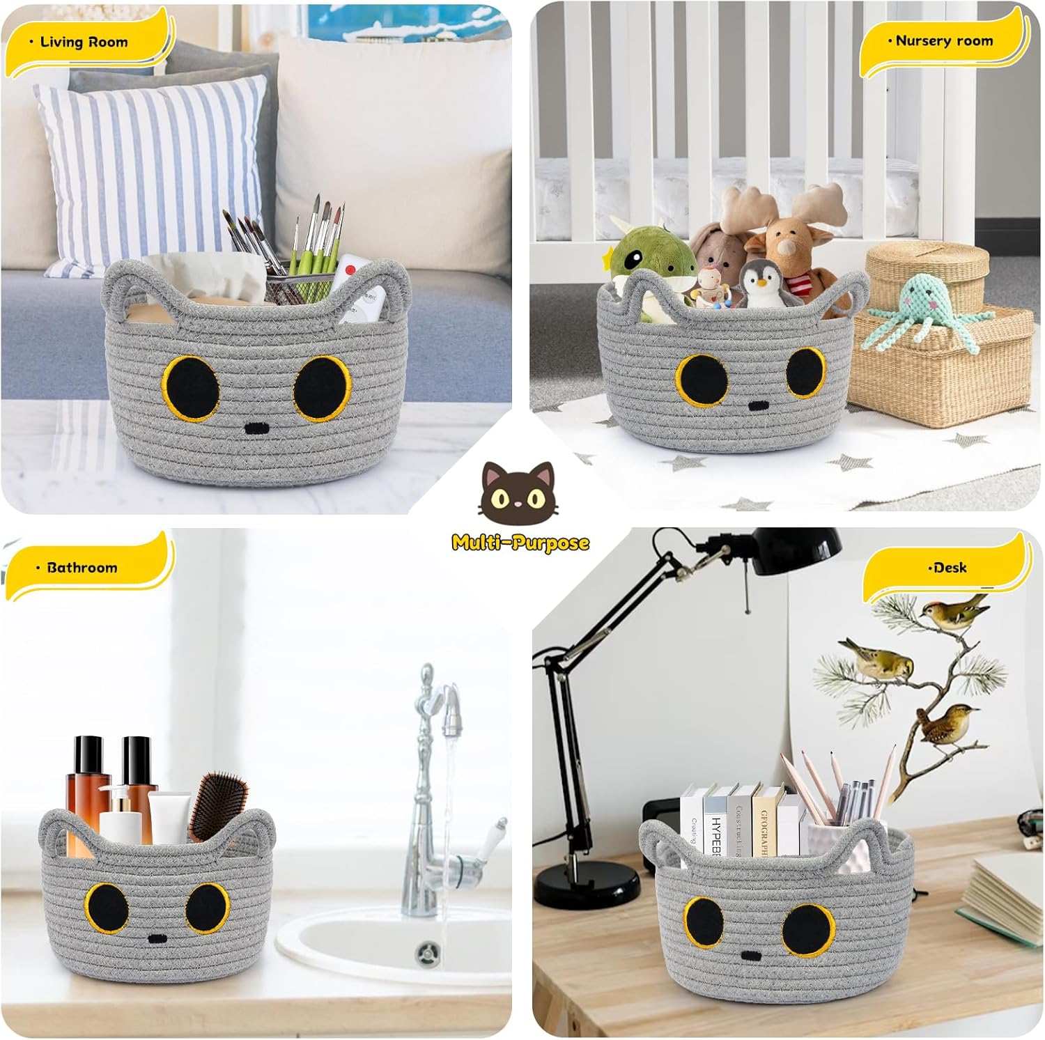 Cute Black Cat Round Basket - Cotton Rope Baskets Large Baby Laundry Blasket for Nursery, Woven Blanket Basket Hamper With Handle Toy Storage Basket for Gifts, Baby Shower 14 ×12 inchs 30.5L