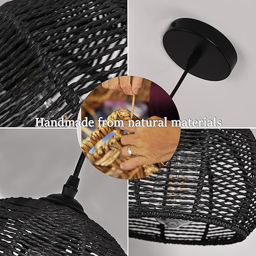 Miniatura 5 de AyshwillDec Lámpara colgante tejida negra, estilo bohemio, lámpara colgante de mimbre, lámpara colgante de ratán, lámpara colgante de cúpula de