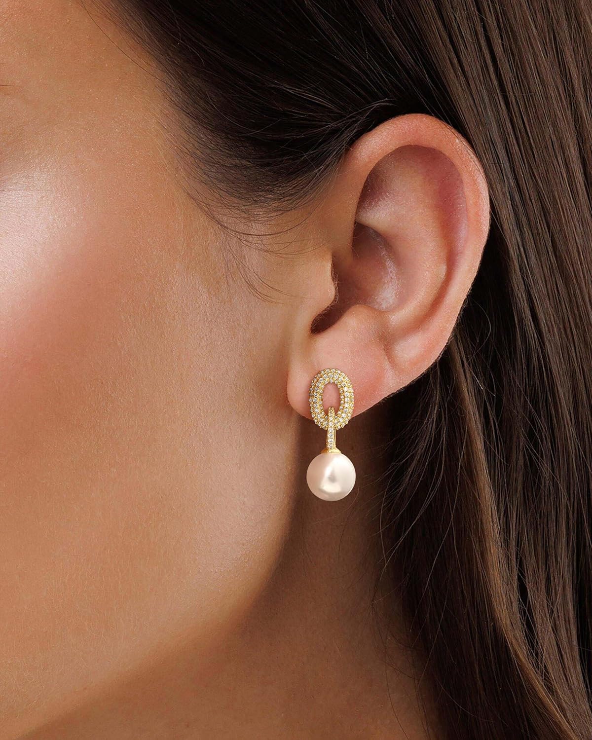 14K Gold Plated Pearl Earrings for Women Trendy, Dangle Drop Earrings Dainty Non Tarnish Cubic Zirconia Earrings Hanging 14K Gold Plated Jewelry for Women Romantic Valentines Gifts - Image 3