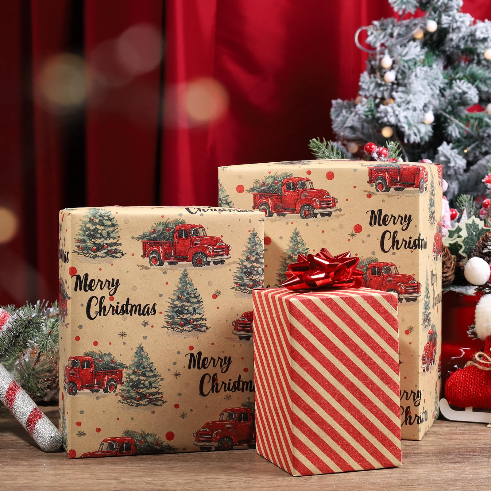 BIOBROWN Wendbares Kraftpapier-Weihnachtsgeschenkpapier, 43,2 x 100 cm, Vintage-Truck-Design, perfekt für Weihnachten, Party, Urlaub, Geschenkpapier