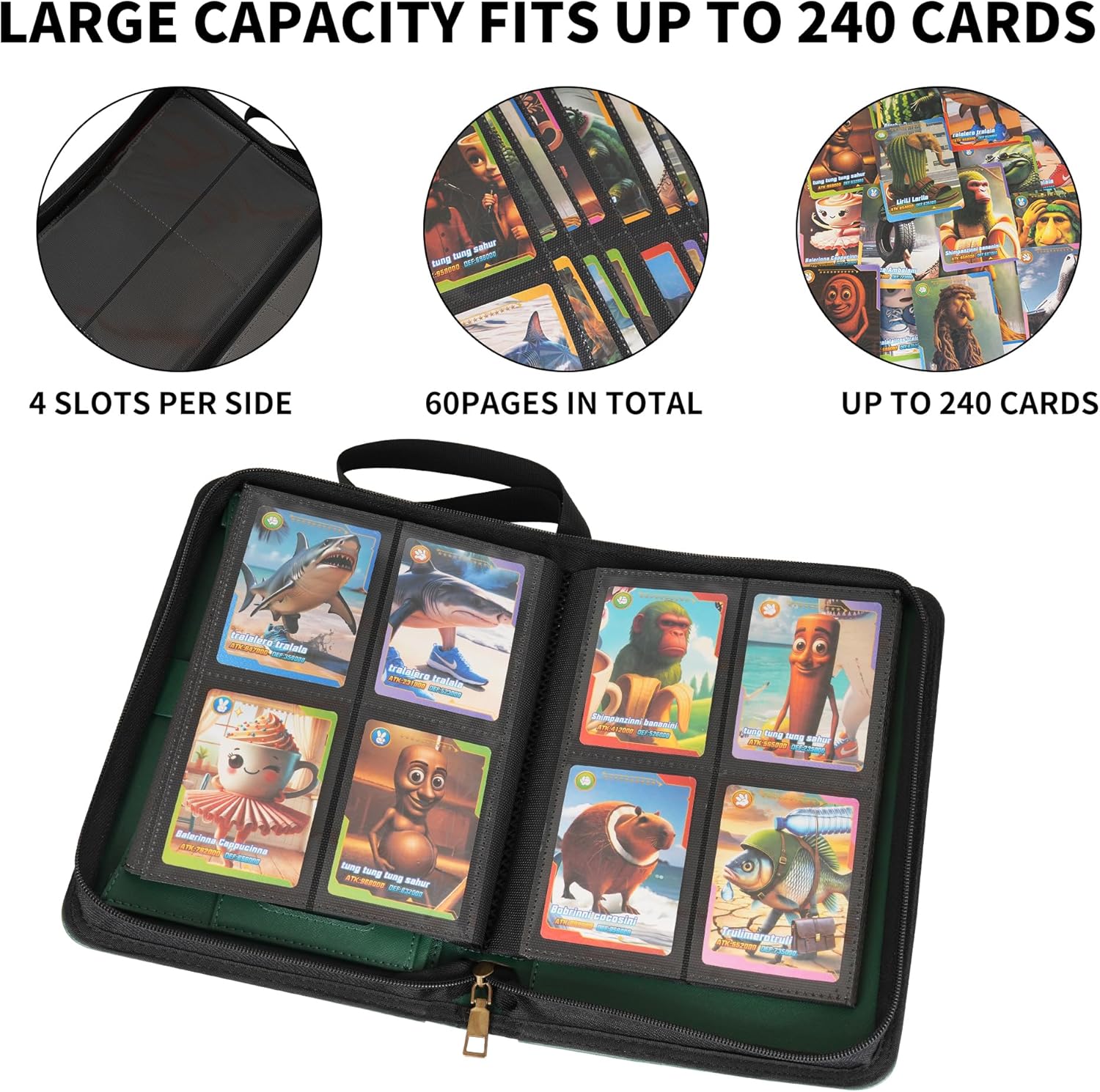Wonderpool Card Binder A5 Album Zippered 4-Pocket Trading for 240 Cards - Leather PU Card Holder Collection Storage Folder, Side-Loading for Photo Pokemon, MTG, TCG, Yugioh, Sports Cards (Green)
