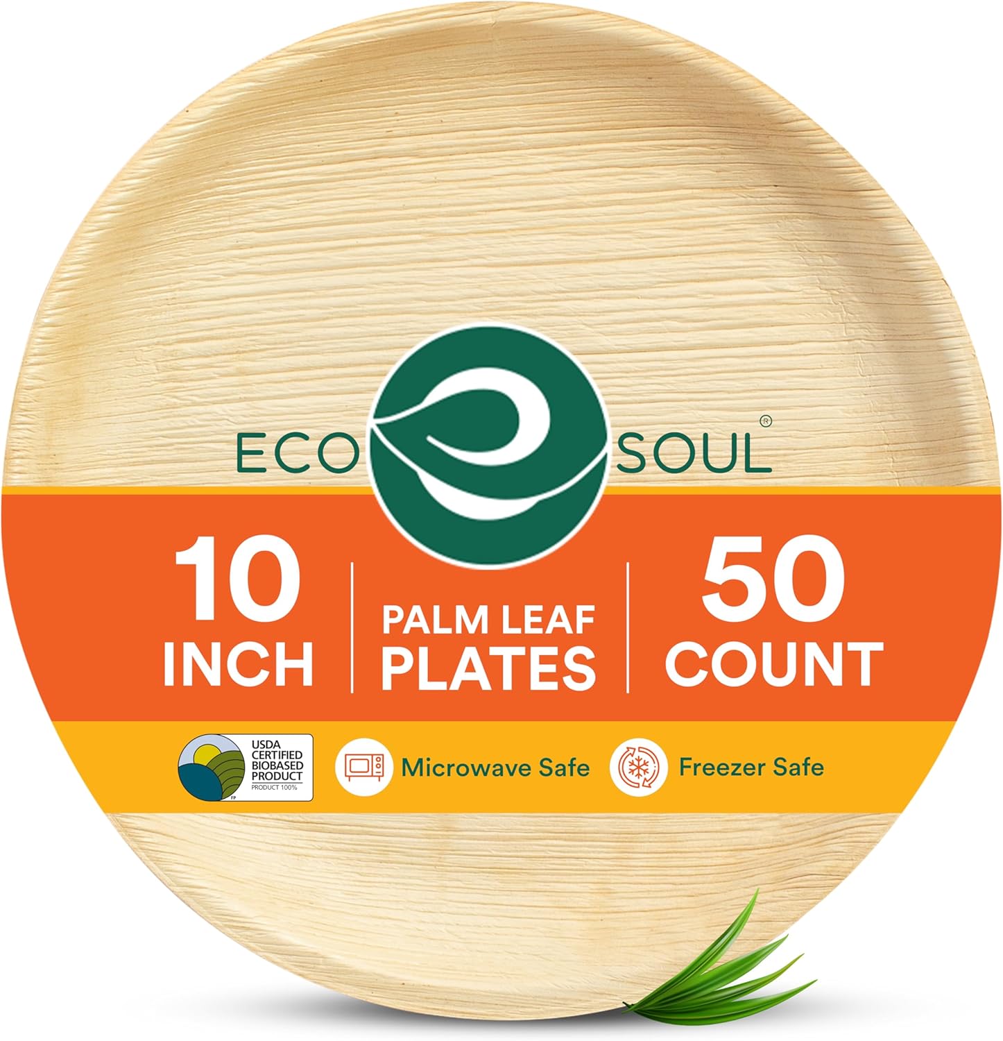 ECO SOUL Palm Leaf Like Bamboo Plates, 10 Inch Round, 50 Pack, Bulk Disposable Dinner Plates, Compostable Biodegradable Natural Wooden Dinnerware for Parties, Weddings & Catering Events