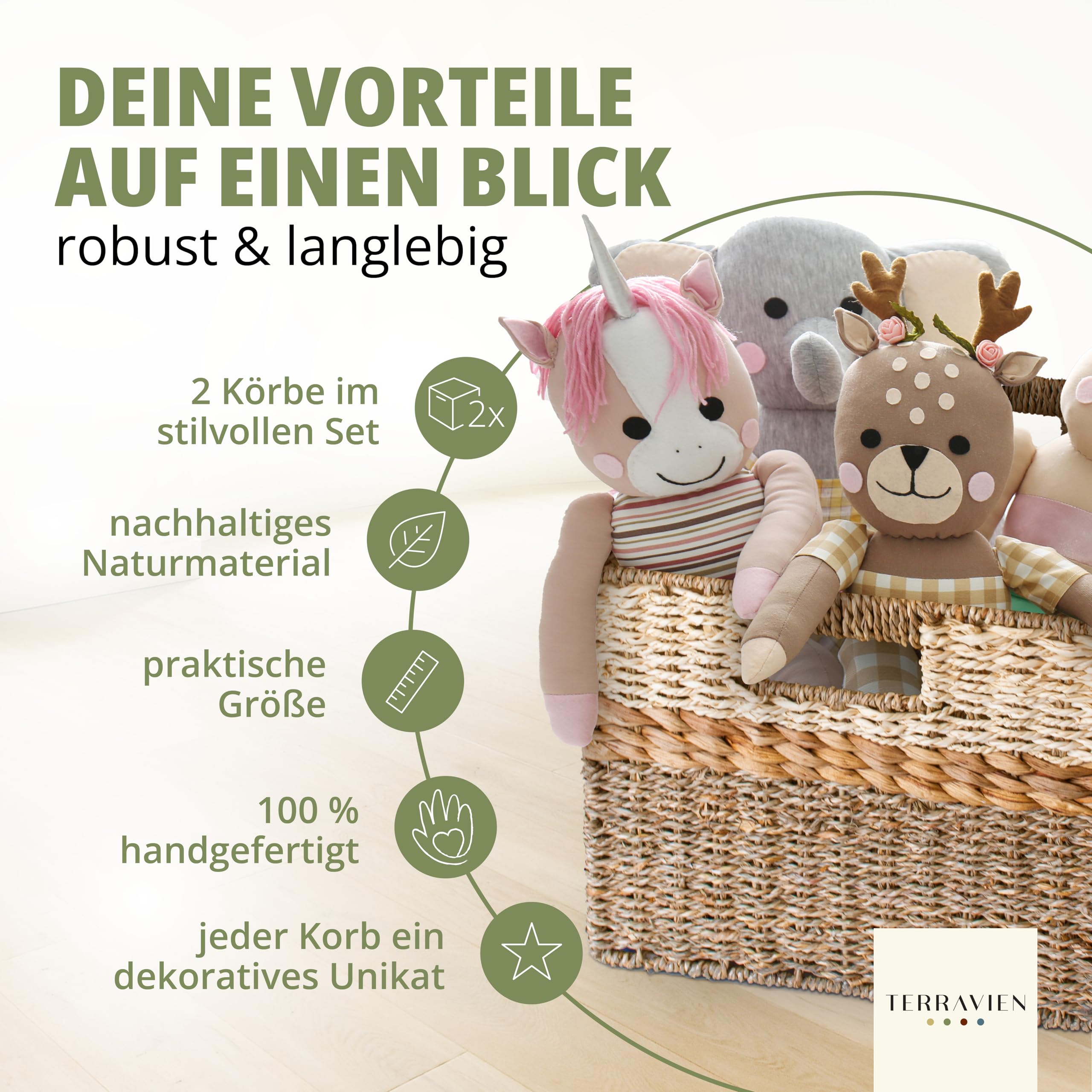 Aufbewahrungskörbe 2er Set Seegras Wasserhyazinthe 33x30xH26 cm | Besonderer Naturmix aus Seegras, Wasserhyazinthe und Palmblatt, handgefertigt, faltbar, für KALLAX, Küche, Bad, Wohnzimmer