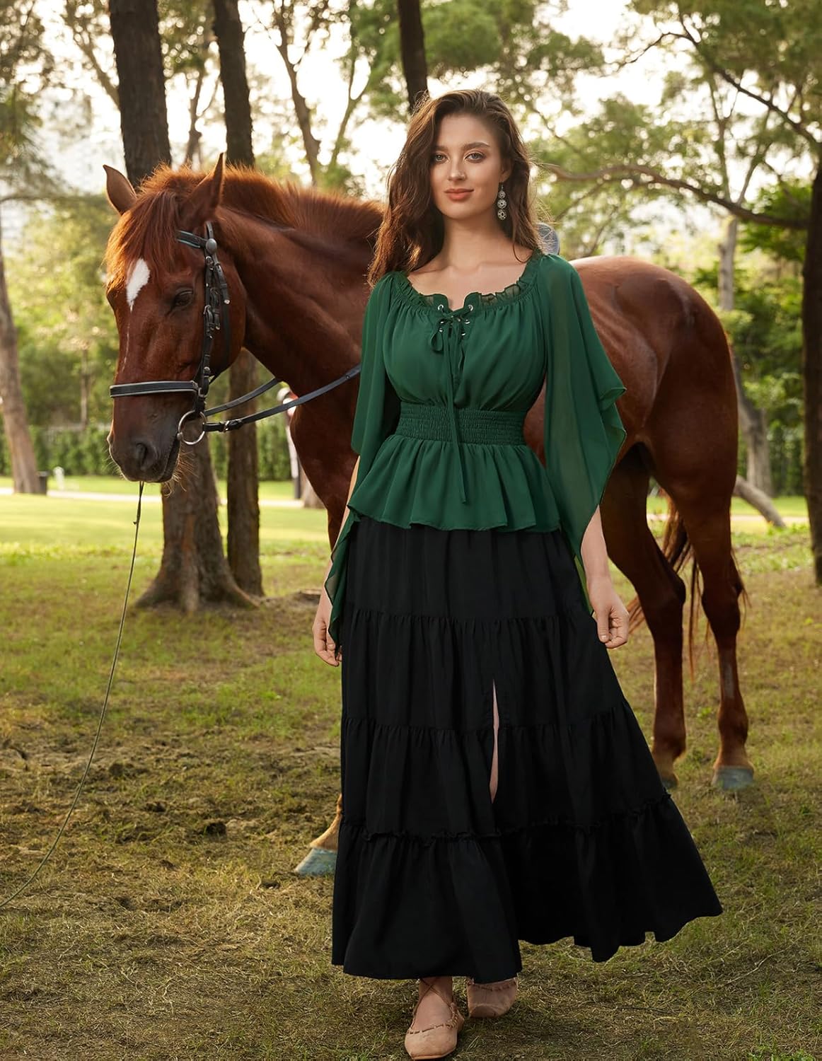 Scarlet Darkness Women Renaissance Shirt Off Shoulder Bell Sleeve Smocked Waist Tops Blouse - Image 3