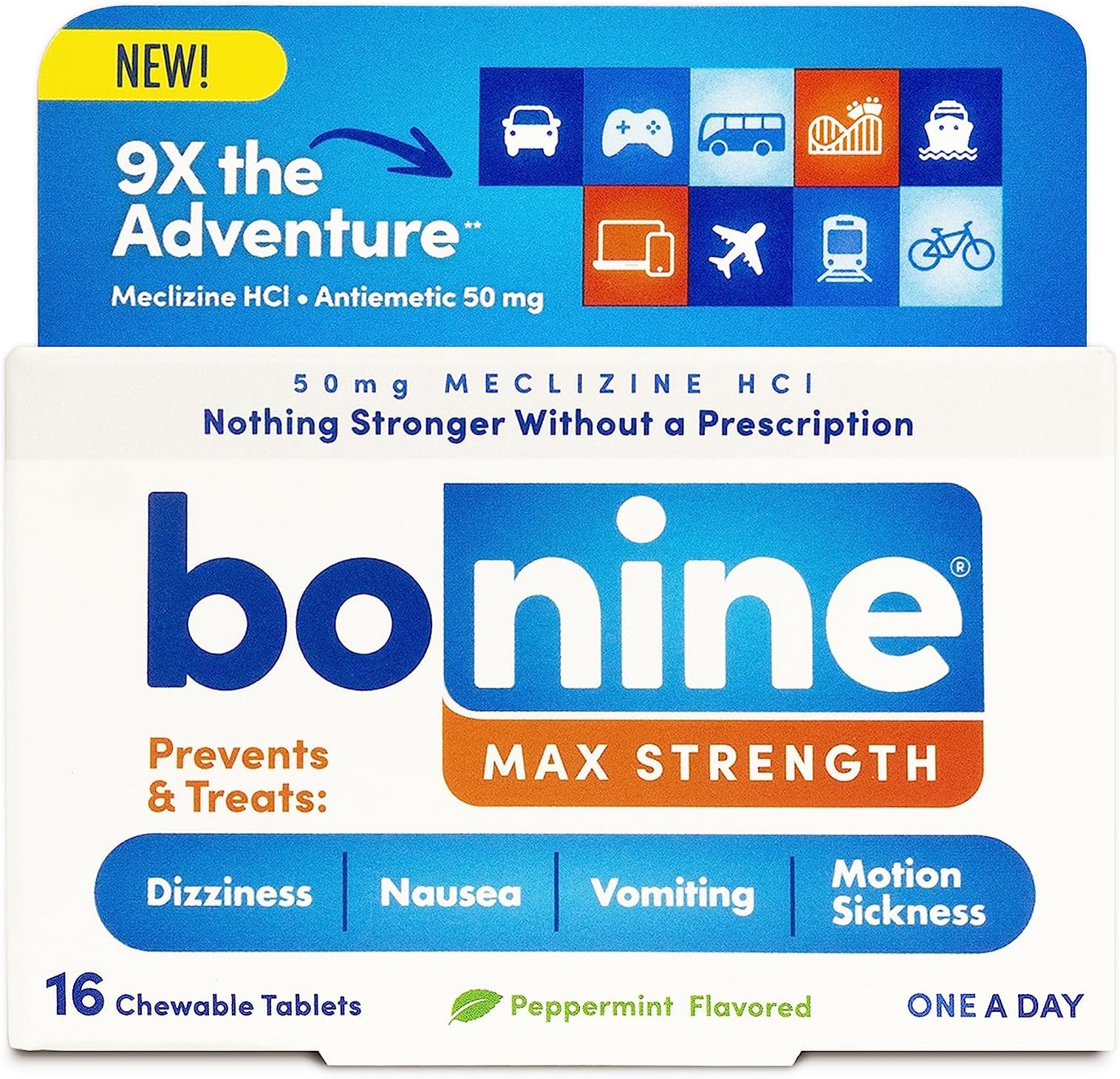 Bonine MAX Chewable for Motion Sickness Relief - with Meclizine HCL 50mg - Max Strength Formula to Treat Nausea or Motion Sickness - Cruise Essentials - Peppermint - 16 Chewable Tablets